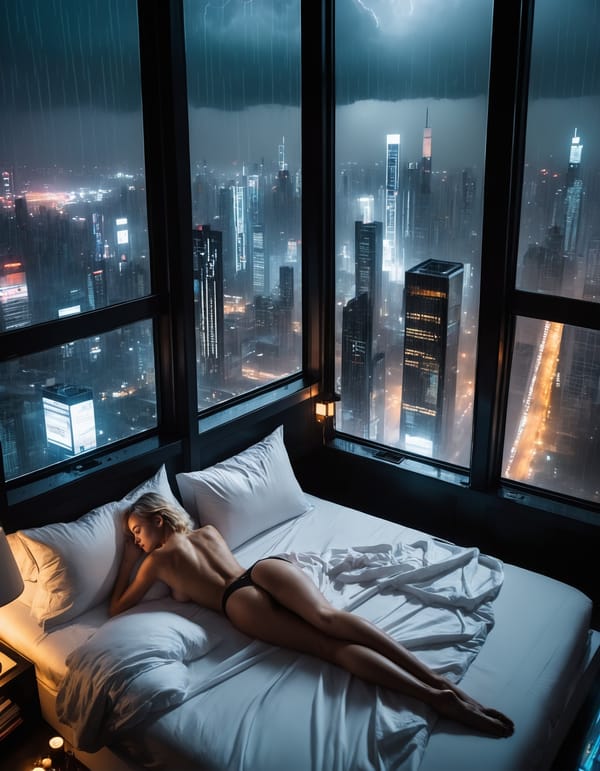 Tags: undefined
moody aesthetic, beautiful cozy, cramped bedroom with floor to ceiling glass windows overlooking a cyberpunk city at night, view from top of skyscraper, white bedsheets, bookshelves, thunderstorm outside with torrential rain, detailed, high resolution, photorealistic, dark, gloomy, nude topless blond woman small bare breasts 
Negative prompt: CGI, Unreal, Airbrushed, Digital, ((pubic hair)), deformed, disfigured, ugly, worst quality, low quality, bad quality, semi-realistic, cartoon,
Steps: 40, Sampler: DPM++ 3M SDE Karras, CFG scale: 7, Seed: 4236648302, Size: 896x1153, Model hash: aeb7e9e689, Model: juggernautXL_v8Rundiffusion, Denoising strength: 0.35, Hires upscale: 1.5, Hires upscaler: R-ESRGAN 4x+, Version: v1.7.0