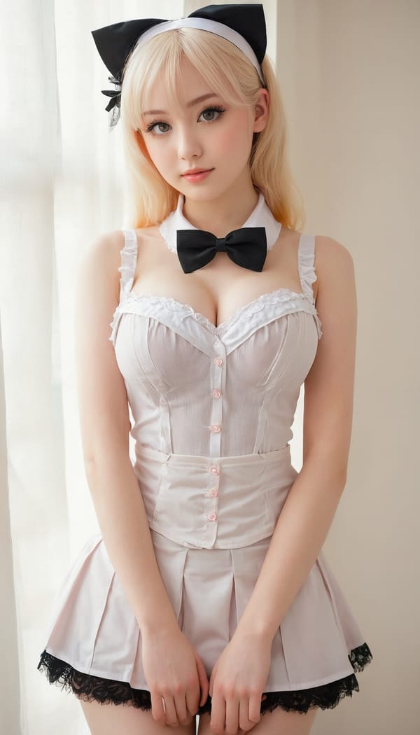 Tags: 21872187, SDXL
{"3": {"inputs": {"seed": 924579500595002, "steps": 32, "cfg": 5.29, "sampler_name": "dpmpp_2m", "scheduler": "karras", "denoise": 1.0, "model": ["27", 0], "positive": ["6", 0], "negative": ["7", 0], "latent_image": ["5", 0]}, "class_type": "KSampler"}, "4": {"inputs": {"ckpt_name": "juggernautxl.safetensors"}, "class_type": "CheckpointLoaderSimple"}, "5": {"inputs": {"width": 768, "height": 1344, "batch_size": 1}, "class_type": "EmptyLatentImage"}, "6": {"inputs": {"text": "22 year old girl, (cute:1.11), (temptress:1.09), (beautiful eyes:1.14), (eyelashes:1.14), (blush:0.97), (seductive pose:0.99), (double eyelids:1.14), (idol:1.08), (pale skin:1.04), (sexy lips:1.08), (slim:1.01), (seductive facial expression:1.02), (detailed face:1.00), (in a seductive pose:0.97), (large perky breasts:1.06), (cleavage:0.96), (thigh gap:1.08), in a (skimpy maid costume:0.99) working at a maid cafe, choker, bowtie, headband, pleated skirt, (natural looking skin:1.05), (textured skin:1.00), (skin fuzz:1.08), (portra:1.06), (RAW:1.07), (film:1.07), (detailed skin:1.06), (soft lighting:1.03)", "clip": ["27", 1]}, "class_type": "CLIPTextEncode"}, "7": {"inputs": {"text": "(open mouth:1.08), (watermark:1.08), (bad hands:1.13), (distorted:1.12), (twisted:1.11), (low resolution:1.11), (worst quality:1.06)", "clip": ["27", 1]}, "class_type": "CLIPTextEncode"}, "8": {"inputs": {"samples": ["3", 0], "vae": ["4", 2]}, "class_type": "VAEDecode"}, "25": {"inputs": {"lora_name": "nudify_xl.safetensors", "strength_model": 0.24, "strength_clip": 0.36, "model": ["4", 0], "clip": ["4", 1]}, "class_type": "LoraLoader"}, "26": {"inputs": {"lora_name": "shirtlift_SDXL_v2.safetensors", "strength_model": 0.0, "strength_clip": 0.02, "model": ["25", 0], "clip": ["25", 1]}, "class_type": "LoraLoader"}, "27": {"inputs": {"lora_name": "PerfectEyesXL.safetensors", "strength_model": 0.18, "strength_clip": 0.02, "model": ["26", 0], "clip": ["26", 1]}, "class_type": "LoraLoader"}, "30": {"inputs": {"model_name": "4x_NMKD-Superscale-SP_178000_G.pth"}, "class_type": "UpscaleModelLoader"}, "31": {"inputs": {"upscale_model": ["30", 0], "image": ["8", 0]}, "class_type": "ImageUpscaleWithModel"}, "32": {"inputs": {"upscale_method": "lanczos", "scale_by": 0.5, "image": ["31", 0]}, "class_type": "ImageScaleBy"}, "33": {"inputs": {"pixels": ["32", 0], "vae": ["4", 2]}, "class_type": "VAEEncode"}, "34": {"inputs": {"seed": 924579500595002, "steps": 32, "cfg": 5.29, "sampler_name": "dpmpp_2m", "scheduler": "karras", "denoise": 0.3, "model": ["27", 0], "positive": ["6", 0], "negative": ["7", 0], "latent_image": ["33", 0]}, "class_type": "KSampler"}, "36": {"inputs": {"samples": ["34", 0], "vae": ["4", 2]}, "class_type": "VAEDecode"}, "39": {"inputs": {"filename_prefix": "comfyapi-1726683091246", "images": ["36", 0]}, "class_type": "SaveImage"}}