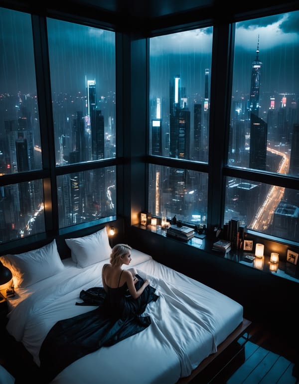 Tags: undefined
moody aesthetic, beautiful cozy, cramped bedroom with floor to ceiling glass windows overlooking a cyberpunk city at night, view from top of skyscraper, white bedsheets, bookshelves, thunderstorm outside with torrential rain, detailed, high resolution, photorealistic, dark, gloomy, nude topless blond woman small bare breasts 
Negative prompt: CGI, Unreal, Airbrushed, Digital, ((pubic hair)), deformed, disfigured, ugly, worst quality, low quality, bad quality, semi-realistic, cartoon,
Steps: 40, Sampler: DPM++ 3M SDE Karras, CFG scale: 7, Seed: 4236648306, Size: 896x1153, Model hash: aeb7e9e689, Model: juggernautXL_v8Rundiffusion, Denoising strength: 0.35, Hires upscale: 1.5, Hires upscaler: R-ESRGAN 4x+, Version: v1.7.0