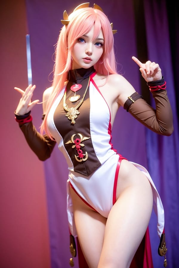 Tags: 21872187
<lora:YaeMiko_Test:0.55>, (cosplay:0.93), cosplay exhibition, comiket, posing for camera, (seductive pose:1.07), extremely detailed eyes, extremely detailed face, cute, (photorealistic:1.07), double eyelids, pale skin, perky breasts, sharp, hyper realistic, (long slim legs:1.12), blush, 1girl, solo
Negative prompt: drawings, sketches, paintings, anime, black and white, disfigured, (low quality:2.17), (worst quality:2.03)
Steps: 64, Sampler: DPM++ 2M Karras, CFG scale: 5.54, Seed: 1414985719, Size: 512x768, Model hash: fc2511737a, Model: chilloutmix_NiPrunedFp32Fix, Seed resize from: -1x-1, Denoising strength: 0.4, Version: v1.2.1, Hires upscale: 2.0, Hires steps: 16, Hires upscaler: ESRGAN_4x