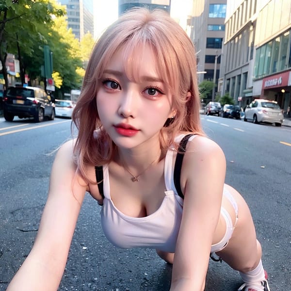 Tags: 21872187
<lora:JapaneseDollLikeness_v15:0.61>, <lora:koreanDollLikeness:0.54>, <lora:YaeMiko_Test:0.50>, (russian:0.95), (white tank top:0.99), (large breasts:1.13), busy street in urban city, (on all fours:1.14), spreading ass cheeks, (from behind:0.91), <lora:fixStandingDoggyStyle:0.32>, backboob, <lora:Addams:0.31>, extremely detailed eyes, extremely detailed face, cute, sexy lips, seductive smile, double eyelids, eyelashes, pale skin, perky breasts, full body portrait, 4K, RAW, sharp, (thigh gap:1.03), blush, delicate and beautiful girl, (dramatic:1.05)
Negative prompt: drawings, paintings, anime, black and white, disfigured, (worst quality:1.91)
Steps: 32, Sampler: DPM++ 2M Karras, CFG scale: 5.66, Seed: 2754170560, Size: 512x512, Model hash: fc2511737a, Model: chilloutmix_NiPrunedFp32Fix, Seed resize from: -1x-1, Denoising strength: 0.4, Version: v1.2.1, Hires upscale: 2.0, Hires steps: 16, Hires upscaler: ESRGAN_4x