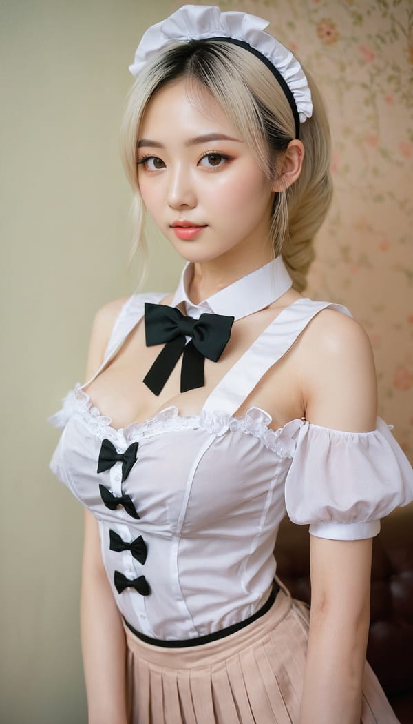 Tags: 21872187, SDXL
{"3": {"inputs": {"seed": 339117685427117, "steps": 32, "cfg": 7.23, "sampler_name": "dpmpp_2m", "scheduler": "karras", "denoise": 1.0, "model": ["27", 0], "positive": ["6", 0], "negative": ["7", 0], "latent_image": ["5", 0]}, "class_type": "KSampler"}, "4": {"inputs": {"ckpt_name": "juggernautxl.safetensors"}, "class_type": "CheckpointLoaderSimple"}, "5": {"inputs": {"width": 768, "height": 1344, "batch_size": 1}, "class_type": "EmptyLatentImage"}, "6": {"inputs": {"text": "24 year old girl, (ukrainian:1.08), (korean:1.03), (beautiful eyes:0.95), (seductive facial expression:1.10), (sexy lips:1.13), (detailed face:0.99), (seductive pose:0.99), (cute:1.07), (pale skin:1.13), (slim:1.10), (eyelashes:0.96), (idol:1.06), (double eyelids:0.98), (in a seductive pose:1.00), (large perky breasts:0.95), (cleavage:1.13), (thigh gap:0.98), in a (skimpy maid costume:1.01) working at a maid cafe, choker, bowtie, headband, pleated skirt, (detailed skin:1.03), (natural looking skin:1.04), (candid cinema:1.00), (skin fuzz:1.08), (textured skin:1.05), (soft lighting:1.02), (portra:1.08), (film:1.07), (RAW:1.09)", "clip": ["27", 1]}, "class_type": "CLIPTextEncode"}, "7": {"inputs": {"text": "(distorted:1.10), (worst quality:1.12), (twisted:1.05), (open mouth:1.08), (watermark:1.05), (bad hands:1.11), (low resolution:1.07)", "clip": ["27", 1]}, "class_type": "CLIPTextEncode"}, "8": {"inputs": {"samples": ["3", 0], "vae": ["4", 2]}, "class_type": "VAEDecode"}, "25": {"inputs": {"lora_name": "nudify_xl.safetensors", "strength_model": 0.12, "strength_clip": 0.34, "model": ["4", 0], "clip": ["4", 1]}, "class_type": "LoraLoader"}, "26": {"inputs": {"lora_name": "shirtlift_SDXL_v2.safetensors", "strength_model": 0.05, "strength_clip": 0.17, "model": ["25", 0], "clip": ["25", 1]}, "class_type": "LoraLoader"}, "27": {"inputs": {"lora_name": "PerfectEyesXL.safetensors", "strength_model": 0.04, "strength_clip": 0.06, "model": ["26", 0], "clip": ["26", 1]}, "class_type": "LoraLoader"}, "30": {"inputs": {"model_name": "4x_NMKD-Superscale-SP_178000_G.pth"}, "class_type": "UpscaleModelLoader"}, "31": {"inputs": {"upscale_model": ["30", 0], "image": ["8", 0]}, "class_type": "ImageUpscaleWithModel"}, "32": {"inputs": {"upscale_method": "lanczos", "scale_by": 0.5, "image": ["31", 0]}, "class_type": "ImageScaleBy"}, "33": {"inputs": {"pixels": ["32", 0], "vae": ["4", 2]}, "class_type": "VAEEncode"}, "34": {"inputs": {"seed": 339117685427117, "steps": 32, "cfg": 7.23, "sampler_name": "dpmpp_2m", "scheduler": "karras", "denoise": 0.3, "model": ["27", 0], "positive": ["6", 0], "negative": ["7", 0], "latent_image": ["33", 0]}, "class_type": "KSampler"}, "36": {"inputs": {"samples": ["34", 0], "vae": ["4", 2]}, "class_type": "VAEDecode"}, "39": {"inputs": {"filename_prefix": "comfyapi-1716222241358", "images": ["36", 0]}, "class_type": "SaveImage"}}