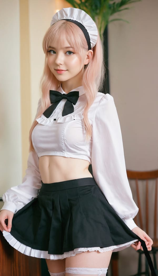 Tags: 21872187, SDXL
{"3": {"inputs": {"seed": 890716322105312, "steps": 32, "cfg": 7.84, "sampler_name": "dpmpp_2m", "scheduler": "karras", "denoise": 1.0, "model": ["27", 0], "positive": ["6", 0], "negative": ["7", 0], "latent_image": ["5", 0]}, "class_type": "KSampler"}, "4": {"inputs": {"ckpt_name": "juggernautxl.safetensors"}, "class_type": "CheckpointLoaderSimple"}, "5": {"inputs": {"width": 768, "height": 1344, "batch_size": 1}, "class_type": "EmptyLatentImage"}, "6": {"inputs": {"text": "22 year old girl, (irish:1.12), (blush:1.04), (seductive facial expression:0.96), (idol:1.03), (seductive pose:1.00), (double eyelids:1.05), (slim:1.04), (beautiful eyes:1.09), (temptress:0.99), (cute:1.13), (sexy lips:1.05), (pale skin:0.95), (eyelashes:1.10), (perky ass:1.08), (exposed ass:1.14), (looking back:0.96), (sexy ass:1.06), (thigh gap:1.09), in a (skimpy maid costume:1.14) working at a maid cafe, choker, bowtie, headband, pleated skirt, (candid cinema:1.05), (soft lighting:1.03), (film:1.02), (skin fuzz:1.04), (portra:1.00), (detailed skin:1.02), (natural looking skin:1.00), (RAW:1.02), (textured skin:1.06)", "clip": ["27", 1]}, "class_type": "CLIPTextEncode"}, "7": {"inputs": {"text": "(bad hands:1.05), (twisted:1.11), (distorted:1.10), (open mouth:1.09), (watermark:1.06), (worst quality:1.05), (low resolution:1.12)", "clip": ["27", 1]}, "class_type": "CLIPTextEncode"}, "8": {"inputs": {"samples": ["3", 0], "vae": ["4", 2]}, "class_type": "VAEDecode"}, "25": {"inputs": {"lora_name": "nudify_xl.safetensors", "strength_model": 0.17, "strength_clip": 0.39, "model": ["4", 0], "clip": ["4", 1]}, "class_type": "LoraLoader"}, "26": {"inputs": {"lora_name": "shirtlift_SDXL_v2.safetensors", "strength_model": 0.06, "strength_clip": 0.02, "model": ["25", 0], "clip": ["25", 1]}, "class_type": "LoraLoader"}, "27": {"inputs": {"lora_name": "PerfectEyesXL.safetensors", "strength_model": 0.15, "strength_clip": 0.14, "model": ["26", 0], "clip": ["26", 1]}, "class_type": "LoraLoader"}, "30": {"inputs": {"model_name": "4x_NMKD-Superscale-SP_178000_G.pth"}, "class_type": "UpscaleModelLoader"}, "31": {"inputs": {"upscale_model": ["30", 0], "image": ["8", 0]}, "class_type": "ImageUpscaleWithModel"}, "32": {"inputs": {"upscale_method": "lanczos", "scale_by": 0.5, "image": ["31", 0]}, "class_type": "ImageScaleBy"}, "33": {"inputs": {"pixels": ["32", 0], "vae": ["4", 2]}, "class_type": "VAEEncode"}, "34": {"inputs": {"seed": 890716322105312, "steps": 32, "cfg": 7.84, "sampler_name": "dpmpp_2m", "scheduler": "karras", "denoise": 0.3, "model": ["27", 0], "positive": ["6", 0], "negative": ["7", 0], "latent_image": ["33", 0]}, "class_type": "KSampler"}, "36": {"inputs": {"samples": ["34", 0], "vae": ["4", 2]}, "class_type": "VAEDecode"}, "39": {"inputs": {"filename_prefix": "comfyapi-1716754517349", "images": ["36", 0]}, "class_type": "SaveImage"}}