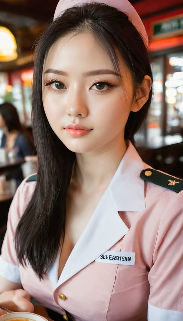 Tags: 21872187, SDXL
{"3": {"inputs": {"seed": 240855353780345, "steps": 64, "cfg": 6.81, "sampler_name": "dpmpp_2m", "scheduler": "karras", "denoise": 1.0, "model": ["27", 0], "positive": ["6", 0], "negative": ["7", 0], "latent_image": ["5", 0]}, "class_type": "KSampler"}, "4": {"inputs": {"ckpt_name": "juggernautxl.safetensors"}, "class_type": "CheckpointLoaderSimple"}, "5": {"inputs": {"width": 768, "height": 1344, "batch_size": 1}, "class_type": "EmptyLatentImage"}, "6": {"inputs": {"text": "26 year old girl, (double eyelids:0.99), (eyelashes:1.05), (pale skin:1.04), (temptress:1.03), (seductive pose:0.99), (detailed face:1.06), (blush:1.07), (seductive facial expression:1.05), (slim:0.99), (idol:0.98), (sexy lips:1.01), (beautiful eyes:0.98), (cute:1.11), (in a seductive pose:1.07), (large perky breasts:1.04), (cleavage:1.08), (thigh gap:1.06), (a waitress in uniform:1.13) working at a restaurant, (textured skin:1.01), (RAW:1.02), (portra:1.00), (candid cinema:1.00), (film:1.02), (skin fuzz:1.04), (detailed skin:1.08), (natural looking skin:1.05), (soft lighting:1.02)", "clip": ["27", 1]}, "class_type": "CLIPTextEncode"}, "7": {"inputs": {"text": "(low resolution:1.06), (twisted:1.08), (worst quality:1.14), (watermark:1.12), (open mouth:1.14), (bad hands:1.05), (distorted:1.09)", "clip": ["27", 1]}, "class_type": "CLIPTextEncode"}, "8": {"inputs": {"samples": ["3", 0], "vae": ["4", 2]}, "class_type": "VAEDecode"}, "25": {"inputs": {"lora_name": "nudify_xl.safetensors", "strength_model": 0.1, "strength_clip": 0.29, "model": ["4", 0], "clip": ["4", 1]}, "class_type": "LoraLoader"}, "26": {"inputs": {"lora_name": "shirtlift_SDXL_v2.safetensors", "strength_model": 0.06, "strength_clip": 0.11, "model": ["25", 0], "clip": ["25", 1]}, "class_type": "LoraLoader"}, "27": {"inputs": {"lora_name": "PerfectEyesXL.safetensors", "strength_model": 0.19, "strength_clip": 0.19, "model": ["26", 0], "clip": ["26", 1]}, "class_type": "LoraLoader"}, "30": {"inputs": {"model_name": "4x_NMKD-Superscale-SP_178000_G.pth"}, "class_type": "UpscaleModelLoader"}, "31": {"inputs": {"upscale_model": ["30", 0], "image": ["8", 0]}, "class_type": "ImageUpscaleWithModel"}, "32": {"inputs": {"upscale_method": "lanczos", "scale_by": 0.5, "image": ["31", 0]}, "class_type": "ImageScaleBy"}, "33": {"inputs": {"pixels": ["32", 0], "vae": ["4", 2]}, "class_type": "VAEEncode"}, "34": {"inputs": {"seed": 240855353780345, "steps": 64, "cfg": 6.81, "sampler_name": "dpmpp_2m", "scheduler": "karras", "denoise": 0.3, "model": ["27", 0], "positive": ["6", 0], "negative": ["7", 0], "latent_image": ["33", 0]}, "class_type": "KSampler"}, "36": {"inputs": {"samples": ["34", 0], "vae": ["4", 2]}, "class_type": "VAEDecode"}, "39": {"inputs": {"filename_prefix": "comfyapi-1734150164158", "images": ["36", 0]}, "class_type": "SaveImage"}}