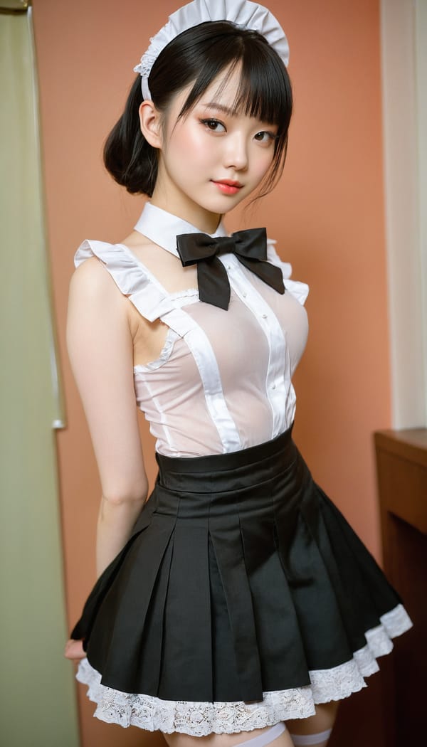 Tags: 21872187, SDXL
{"3": {"inputs": {"seed": 407524667658975, "steps": 64, "cfg": 7.46, "sampler_name": "dpmpp_2m", "scheduler": "karras", "denoise": 1.0, "model": ["27", 0], "positive": ["6", 0], "negative": ["7", 0], "latent_image": ["5", 0]}, "class_type": "KSampler"}, "4": {"inputs": {"ckpt_name": "juggernautxl.safetensors"}, "class_type": "CheckpointLoaderSimple"}, "5": {"inputs": {"width": 768, "height": 1344, "batch_size": 1}, "class_type": "EmptyLatentImage"}, "6": {"inputs": {"text": "22 year old girl, (russian:1.00), (chinese:1.01), (pale skin:1.01), (double eyelids:1.04), (seductive pose:1.07), (slim:1.10), (eyelashes:0.98), (temptress:1.06), (seductive facial expression:1.12), (blush:1.10), (detailed face:1.13), (beautiful eyes:1.04), (idol:1.04), (sexy lips:1.07), (perky ass:1.00), (exposed ass:1.12), (looking back:1.07), (sexy ass:0.98), (thigh gap:0.95), in a (skimpy maid costume:1.09) working at a maid cafe, choker, bowtie, headband, pleated skirt, (textured skin:1.09), (portra:1.08), (RAW:1.05), (film:1.02), (candid cinema:1.03), (natural looking skin:1.01), (detailed skin:1.05), (skin fuzz:1.00), (soft lighting:1.02)", "clip": ["27", 1]}, "class_type": "CLIPTextEncode"}, "7": {"inputs": {"text": "(watermark:1.12), (open mouth:1.12), (distorted:1.05), (bad hands:1.09), (worst quality:1.14), (low resolution:1.14), (twisted:1.06)", "clip": ["27", 1]}, "class_type": "CLIPTextEncode"}, "8": {"inputs": {"samples": ["3", 0], "vae": ["4", 2]}, "class_type": "VAEDecode"}, "25": {"inputs": {"lora_name": "nudify_xl.safetensors", "strength_model": 0.23, "strength_clip": 0.18, "model": ["4", 0], "clip": ["4", 1]}, "class_type": "LoraLoader"}, "26": {"inputs": {"lora_name": "shirtlift_SDXL_v2.safetensors", "strength_model": 0.14, "strength_clip": 0.11, "model": ["25", 0], "clip": ["25", 1]}, "class_type": "LoraLoader"}, "27": {"inputs": {"lora_name": "PerfectEyesXL.safetensors", "strength_model": 0.13, "strength_clip": 0.05, "model": ["26", 0], "clip": ["26", 1]}, "class_type": "LoraLoader"}, "30": {"inputs": {"model_name": "4x_NMKD-Superscale-SP_178000_G.pth"}, "class_type": "UpscaleModelLoader"}, "31": {"inputs": {"upscale_model": ["30", 0], "image": ["8", 0]}, "class_type": "ImageUpscaleWithModel"}, "32": {"inputs": {"upscale_method": "lanczos", "scale_by": 0.5, "image": ["31", 0]}, "class_type": "ImageScaleBy"}, "33": {"inputs": {"pixels": ["32", 0], "vae": ["4", 2]}, "class_type": "VAEEncode"}, "34": {"inputs": {"seed": 407524667658975, "steps": 64, "cfg": 7.46, "sampler_name": "dpmpp_2m", "scheduler": "karras", "denoise": 0.3, "model": ["27", 0], "positive": ["6", 0], "negative": ["7", 0], "latent_image": ["33", 0]}, "class_type": "KSampler"}, "36": {"inputs": {"samples": ["34", 0], "vae": ["4", 2]}, "class_type": "VAEDecode"}, "39": {"inputs": {"filename_prefix": "comfyapi-1719044288680", "images": ["36", 0]}, "class_type": "SaveImage"}}