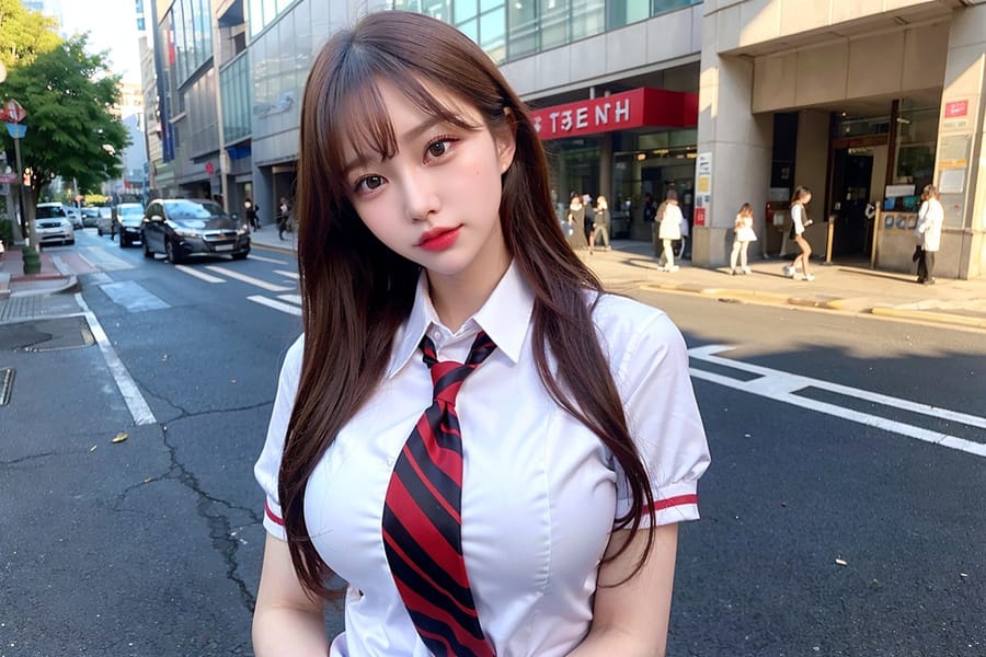 Tags: 21872187
<lora:mix4:0.59>, <lora:koreanDollLikeness:0.61>, (school uniform:1.18), (large breasts:0.96), choker, busy street in urban city, <lora:skirtlift-v4:0.99 <lora:Addams:0.27>, extremely detailed eyes, cute, (photorealistic:1.17), sexy lips, seductive smile, double eyelids, eyelashes, pale skin, perky breasts, full body portrait, best quality, sharp, hyper realistic, tall, (long slim legs:1.18), (dramatic:1.17)
Negative prompt: drawings, anime, black and white, (worst quality:2.15)
Steps: 64, Sampler: DPM++ 2M Karras, CFG scale: 5.35, Seed: 800122682, Size: 768x512, Model hash: fc2511737a, Model: chilloutmix_NiPrunedFp32Fix, Seed resize from: -1x-1, Denoising strength: 0.4, Version: v1.2.1, Hires upscale: 2.0, Hires steps: 16, Hires upscaler: ESRGAN_4x