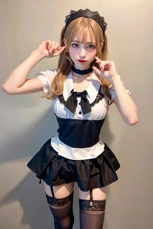 Tags: 21872187
<lora:JapaneseDollLikeness_v15:0.55>, <lora:YaeMiko_Test:0.36>, (russian:1.03), maid cafe, stockings, (maid costume:1.00), choker, bowtie, headband, (pleated skirt:0.98), (seductive pose:1.16), extremely detailed eyes, extremely detailed face, cute, (photorealistic:1.13), sexy lips, seductive smile, double eyelids, eyelashes, pale skin, full body portrait, textured skin, 4K, RAW, best quality, sharp, (long slim legs:0.96), (thigh gap:1.05), delicate and beautiful girl, 1girl, solo, (dramatic:0.91)
Negative prompt: sketches, black and white, fat, (worst quality:2.19)
Steps: 32, Sampler: DPM++ 2M Karras, CFG scale: 6.75, Seed: 425820908, Size: 512x768, Model hash: fc2511737a, Model: chilloutmix_NiPrunedFp32Fix, Seed resize from: -1x-1, Denoising strength: 0.5, Version: v1.2.1, Hires upscale: 2.0, Hires steps: 16, Hires upscaler: ESRGAN_4x
