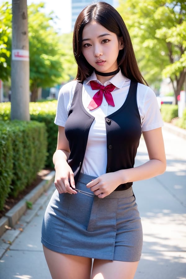 Tags: 21872187
asian, (school uniform:1.19), (large breasts:0.97), choker, busy street in urban city, (seductive pose:0.91), extremely detailed eyes, cute, (photorealistic:0.95), sexy lips, seductive smile, pale skin, perky breasts, textured skin, 4K, hyper realistic, tall, (long slim legs:1.13), (thigh gap:1.14), blush, delicate and beautiful girl, solo
Negative prompt: drawings, paintings, anime, black and white, disfigured, (low quality:2.04), (worst quality:2.01)
Steps: 64, Sampler: DPM++ 2M Karras, CFG scale: 5.59, Seed: 3943932503, Size: 512x768, Model hash: fc2511737a, Model: chilloutmix_NiPrunedFp32Fix, Seed resize from: -1x-1, Denoising strength: 0.45, Version: v1.2.1, Hires upscale: 2.0, Hires steps: 64, Hires upscaler: ESRGAN_4x