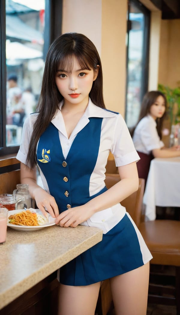 Tags: 21872187, SDXL
{"3": {"inputs": {"seed": 240691225368749, "steps": 32, "cfg": 5.06, "sampler_name": "dpmpp_2m", "scheduler": "karras", "denoise": 1.0, "model": ["27", 0], "positive": ["6", 0], "negative": ["7", 0], "latent_image": ["5", 0]}, "class_type": "KSampler"}, "4": {"inputs": {"ckpt_name": "helloworldxl.safetensors"}, "class_type": "CheckpointLoaderSimple"}, "5": {"inputs": {"width": 768, "height": 1344, "batch_size": 1}, "class_type": "EmptyLatentImage"}, "6": {"inputs": {"text": "22 year old girl, (ukrainian:1.11), (korean:1.13), (irish:0.99), (idol:0.99), (beautiful eyes:1.04), (seductive pose:0.95), (temptress:1.03), (double eyelids:1.04), (slim:1.11), (detailed face:1.12), (blush:1.07), (cute:1.14), (seductive facial expression:1.12), (pale skin:1.14), (sexy lips:1.00), (eyelashes:0.95), (in a seductive pose:1.14), (large perky breasts:1.00), (cleavage:1.14), (thigh gap:0.98), (a waitress in uniform:1.11) working at a restaurant, (soft lighting:1.02), (candid cinema:1.02), (detailed skin:1.09), (RAW:1.01), (textured skin:1.00), (natural looking skin:1.07), (skin fuzz:1.09), (portra:1.05), (film:1.05)", "clip": ["27", 1]}, "class_type": "CLIPTextEncode"}, "7": {"inputs": {"text": "(low resolution:1.12), (distorted:1.08), (worst quality:1.07), (twisted:1.06), (watermark:1.14), (bad hands:1.06), (open mouth:1.14)", "clip": ["27", 1]}, "class_type": "CLIPTextEncode"}, "8": {"inputs": {"samples": ["3", 0], "vae": ["4", 2]}, "class_type": "VAEDecode"}, "25": {"inputs": {"lora_name": "nudify_xl.safetensors", "strength_model": 0.1, "strength_clip": 0.14, "model": ["4", 0], "clip": ["4", 1]}, "class_type": "LoraLoader"}, "26": {"inputs": {"lora_name": "shirtlift_SDXL_v2.safetensors", "strength_model": 0.12, "strength_clip": 0.15, "model": ["25", 0], "clip": ["25", 1]}, "class_type": "LoraLoader"}, "27": {"inputs": {"lora_name": "PerfectEyesXL.safetensors", "strength_model": 0.1, "strength_clip": 0.07, "model": ["26", 0], "clip": ["26", 1]}, "class_type": "LoraLoader"}, "30": {"inputs": {"model_name": "4x_NMKD-Superscale-SP_178000_G.pth"}, "class_type": "UpscaleModelLoader"}, "31": {"inputs": {"upscale_model": ["30", 0], "image": ["8", 0]}, "class_type": "ImageUpscaleWithModel"}, "32": {"inputs": {"upscale_method": "lanczos", "scale_by": 0.5, "image": ["31", 0]}, "class_type": "ImageScaleBy"}, "33": {"inputs": {"pixels": ["32", 0], "vae": ["4", 2]}, "class_type": "VAEEncode"}, "34": {"inputs": {"seed": 240691225368749, "steps": 32, "cfg": 5.06, "sampler_name": "dpmpp_2m", "scheduler": "karras", "denoise": 0.3, "model": ["27", 0], "positive": ["6", 0], "negative": ["7", 0], "latent_image": ["33", 0]}, "class_type": "KSampler"}, "36": {"inputs": {"samples": ["34", 0], "vae": ["4", 2]}, "class_type": "VAEDecode"}, "39": {"inputs": {"filename_prefix": "comfyapi-1714348606230", "images": ["36", 0]}, "class_type": "SaveImage"}}