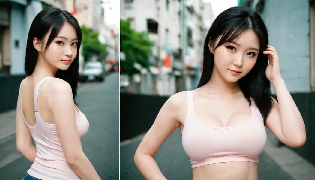 Tags: 21872187, SDXL
{"3": {"inputs": {"seed": 491871027871466, "steps": 64, "cfg": 6.36, "sampler_name": "dpmpp_2m", "scheduler": "karras", "denoise": 1.0, "model": ["27", 0], "positive": ["6", 0], "negative": ["7", 0], "latent_image": ["5", 0]}, "class_type": "KSampler"}, "4": {"inputs": {"ckpt_name": "juggernautXL_v8Rundiffusion.safetensors"}, "class_type": "CheckpointLoaderSimple"}, "5": {"inputs": {"width": 1344, "height": 768, "batch_size": 1}, "class_type": "EmptyLatentImage"}, "6": {"inputs": {"text": "21 year old girl, (ukrainian:0.98), (japanese:1.01), (blush:1.05), (eyelashes:0.98), (seductive pose:0.96), (pale skin:1.05), (beautiful eyes:1.06), (seductive facial expression:1.11), (cute:1.12), (sexy lips:1.08), (slim:0.95), (temptress:0.95), (double eyelids:1.00), (in a seductive pose:1.12), (large perky breasts:1.07), (cleavage:0.95), (thigh gap:1.06), (white tanktop:0.98), busy street, (portra:1.05), (skin fuzz:1.06), (RAW:1.00), (natural looking skin:1.01), (textured skin:1.09), (detailed skin:1.01), (soft lighting:1.06), (candid cinema:1.04), (film:1.07)", "clip": ["27", 1]}, "class_type": "CLIPTextEncode"}, "7": {"inputs": {"text": "(watermark:1.06), (low resolution:1.09), (bad hands:1.11), (worst quality:1.06), (open mouth:1.12), (twisted:1.10), (distorted:1.12)", "clip": ["27", 1]}, "class_type": "CLIPTextEncode"}, "8": {"inputs": {"samples": ["3", 0], "vae": ["4", 2]}, "class_type": "VAEDecode"}, "25": {"inputs": {"lora_name": "nudify_xl.safetensors", "strength_model": 0.23, "strength_clip": 0.33, "model": ["4", 0], "clip": ["4", 1]}, "class_type": "LoraLoader"}, "26": {"inputs": {"lora_name": "shirtlift_SDXL_v2.safetensors", "strength_model": 0.12, "strength_clip": 0.19, "model": ["25", 0], "clip": ["25", 1]}, "class_type": "LoraLoader"}, "27": {"inputs": {"lora_name": "PerfectEyesXL.safetensors", "strength_model": 0.0, "strength_clip": 0.0, "model": ["26", 0], "clip": ["26", 1]}, "class_type": "LoraLoader"}, "30": {"inputs": {"model_name": "4x_NMKD-Superscale-SP_178000_G.pth"}, "class_type": "UpscaleModelLoader"}, "31": {"inputs": {"upscale_model": ["30", 0], "image": ["8", 0]}, "class_type": "ImageUpscaleWithModel"}, "32": {"inputs": {"upscale_method": "lanczos", "scale_by": 0.5, "image": ["31", 0]}, "class_type": "ImageScaleBy"}, "33": {"inputs": {"pixels": ["32", 0], "vae": ["4", 2]}, "class_type": "VAEEncode"}, "34": {"inputs": {"seed": 491871027871466, "steps": 64, "cfg": 6.36, "sampler_name": "dpmpp_2m", "scheduler": "karras", "denoise": 0.3, "model": ["27", 0], "positive": ["6", 0], "negative": ["7", 0], "latent_image": ["33", 0]}, "class_type": "KSampler"}, "36": {"inputs": {"samples": ["34", 0], "vae": ["4", 2]}, "class_type": "VAEDecode"}, "39": {"inputs": {"filename_prefix": "comfyapi-1708140591872", "images": ["36", 0]}, "class_type": "SaveImage"}}