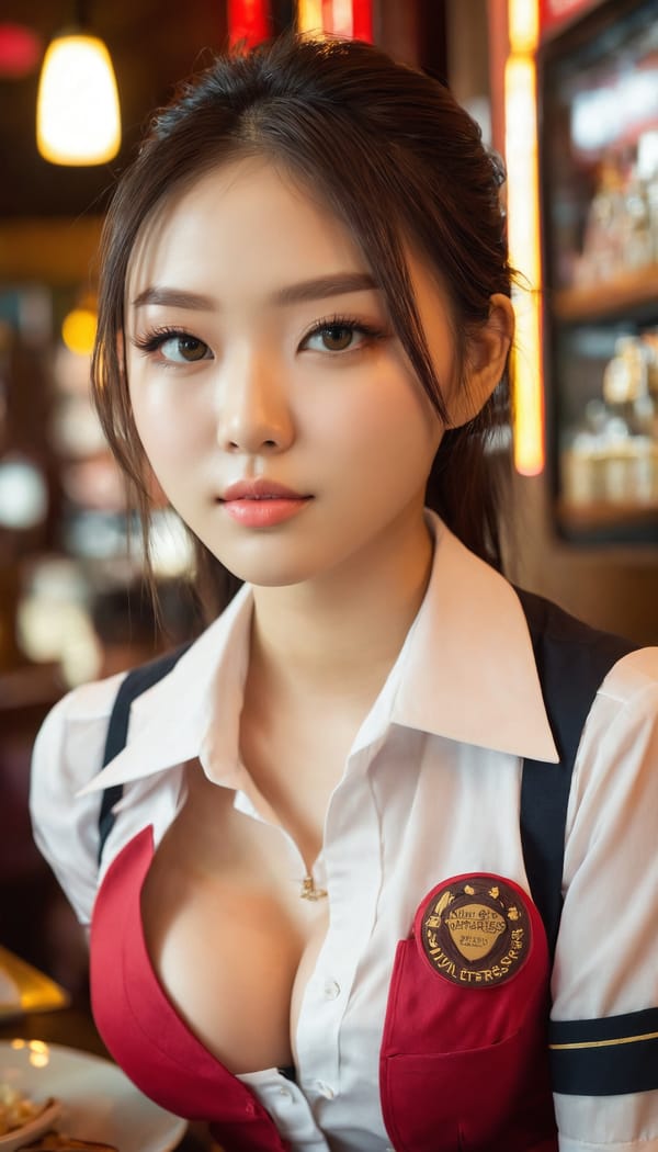 Tags: 21872187, SDXL
{"3": {"inputs": {"seed": 690285727698459, "steps": 32, "cfg": 5.48, "sampler_name": "dpmpp_2m", "scheduler": "karras", "denoise": 1.0, "model": ["27", 0], "positive": ["6", 0], "negative": ["7", 0], "latent_image": ["5", 0]}, "class_type": "KSampler"}, "4": {"inputs": {"ckpt_name": "juggernautxl.safetensors"}, "class_type": "CheckpointLoaderSimple"}, "5": {"inputs": {"width": 768, "height": 1344, "batch_size": 1}, "class_type": "EmptyLatentImage"}, "6": {"inputs": {"text": "22 year old girl, (seductive facial expression:1.08), (idol:1.07), (cute:1.12), (sexy lips:1.00), (detailed face:1.09), (double eyelids:0.98), (beautiful eyes:1.05), (seductive pose:0.99), (temptress:0.97), (eyelashes:0.98), (blush:1.06), (in a seductive pose:1.05), (large perky breasts:0.97), (cleavage:0.98), (thigh gap:0.97), (a waitress in uniform:1.08) working at a restaurant, (natural looking skin:1.04), (soft lighting:1.07), (detailed skin:1.04), (portra:1.05), (candid cinema:1.09), (RAW:1.06), (film:1.05), (textured skin:1.08), (skin fuzz:1.08)", "clip": ["27", 1]}, "class_type": "CLIPTextEncode"}, "7": {"inputs": {"text": "(watermark:1.07), (worst quality:1.07), (twisted:1.08), (distorted:1.13), (low resolution:1.10), (open mouth:1.14), (bad hands:1.14)", "clip": ["27", 1]}, "class_type": "CLIPTextEncode"}, "8": {"inputs": {"samples": ["3", 0], "vae": ["4", 2]}, "class_type": "VAEDecode"}, "25": {"inputs": {"lora_name": "nudify_xl.safetensors", "strength_model": 0.29, "strength_clip": 0.16, "model": ["4", 0], "clip": ["4", 1]}, "class_type": "LoraLoader"}, "26": {"inputs": {"lora_name": "shirtlift_SDXL_v2.safetensors", "strength_model": 0.0, "strength_clip": 0.19, "model": ["25", 0], "clip": ["25", 1]}, "class_type": "LoraLoader"}, "27": {"inputs": {"lora_name": "PerfectEyesXL.safetensors", "strength_model": 0.07, "strength_clip": 0.04, "model": ["26", 0], "clip": ["26", 1]}, "class_type": "LoraLoader"}, "30": {"inputs": {"model_name": "4x_NMKD-Superscale-SP_178000_G.pth"}, "class_type": "UpscaleModelLoader"}, "31": {"inputs": {"upscale_model": ["30", 0], "image": ["8", 0]}, "class_type": "ImageUpscaleWithModel"}, "32": {"inputs": {"upscale_method": "lanczos", "scale_by": 0.5, "image": ["31", 0]}, "class_type": "ImageScaleBy"}, "33": {"inputs": {"pixels": ["32", 0], "vae": ["4", 2]}, "class_type": "VAEEncode"}, "34": {"inputs": {"seed": 690285727698459, "steps": 32, "cfg": 5.48, "sampler_name": "dpmpp_2m", "scheduler": "karras", "denoise": 0.3, "model": ["27", 0], "positive": ["6", 0], "negative": ["7", 0], "latent_image": ["33", 0]}, "class_type": "KSampler"}, "36": {"inputs": {"samples": ["34", 0], "vae": ["4", 2]}, "class_type": "VAEDecode"}, "39": {"inputs": {"filename_prefix": "comfyapi-1713774513657", "images": ["36", 0]}, "class_type": "SaveImage"}}