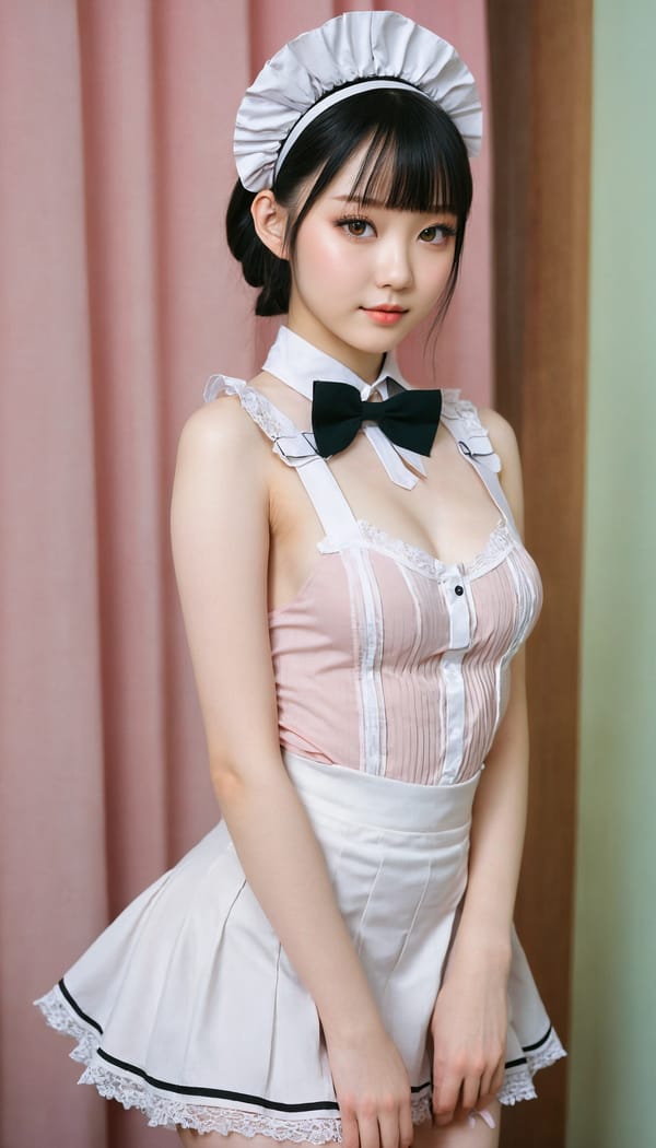 Tags: 21872187, SDXL
{"3": {"inputs": {"seed": 228906453417802, "steps": 64, "cfg": 7.96, "sampler_name": "dpmpp_2m", "scheduler": "karras", "denoise": 1.0, "model": ["27", 0], "positive": ["6", 0], "negative": ["7", 0], "latent_image": ["5", 0]}, "class_type": "KSampler"}, "4": {"inputs": {"ckpt_name": "juggernautxl.safetensors"}, "class_type": "CheckpointLoaderSimple"}, "5": {"inputs": {"width": 768, "height": 1344, "batch_size": 1}, "class_type": "EmptyLatentImage"}, "6": {"inputs": {"text": "18 year old girl, (chinese:1.00), (ukrainian:1.12), (temptress:1.13), (idol:1.10), (cute:0.96), (pale skin:0.96), (blush:1.11), (slim:1.11), (detailed face:1.14), (double eyelids:0.96), (beautiful eyes:1.02), (eyelashes:0.97), (seductive facial expression:0.98), (sexy lips:0.98), (seductive pose:1.08), (perky ass:1.05), (exposed ass:1.06), (looking back:1.13), (sexy ass:0.96), (thigh gap:1.10), in a (skimpy maid costume:0.95) working at a maid cafe, choker, bowtie, headband, pleated skirt, (soft lighting:1.04), (textured skin:1.01), (RAW:1.02), (natural looking skin:1.01), (film:1.08), (detailed skin:1.04), (portra:1.03), (candid cinema:1.00), (skin fuzz:1.01)", "clip": ["27", 1]}, "class_type": "CLIPTextEncode"}, "7": {"inputs": {"text": "(low resolution:1.10), (watermark:1.11), (bad hands:1.08), (open mouth:1.09), (twisted:1.07), (worst quality:1.05), (distorted:1.10)", "clip": ["27", 1]}, "class_type": "CLIPTextEncode"}, "8": {"inputs": {"samples": ["3", 0], "vae": ["4", 2]}, "class_type": "VAEDecode"}, "25": {"inputs": {"lora_name": "nudify_xl.safetensors", "strength_model": 0.26, "strength_clip": 0.07, "model": ["4", 0], "clip": ["4", 1]}, "class_type": "LoraLoader"}, "26": {"inputs": {"lora_name": "shirtlift_SDXL_v2.safetensors", "strength_model": 0.11, "strength_clip": 0.12, "model": ["25", 0], "clip": ["25", 1]}, "class_type": "LoraLoader"}, "27": {"inputs": {"lora_name": "PerfectEyesXL.safetensors", "strength_model": 0.19, "strength_clip": 0.01, "model": ["26", 0], "clip": ["26", 1]}, "class_type": "LoraLoader"}, "30": {"inputs": {"model_name": "4x_NMKD-Superscale-SP_178000_G.pth"}, "class_type": "UpscaleModelLoader"}, "31": {"inputs": {"upscale_model": ["30", 0], "image": ["8", 0]}, "class_type": "ImageUpscaleWithModel"}, "32": {"inputs": {"upscale_method": "lanczos", "scale_by": 0.5, "image": ["31", 0]}, "class_type": "ImageScaleBy"}, "33": {"inputs": {"pixels": ["32", 0], "vae": ["4", 2]}, "class_type": "VAEEncode"}, "34": {"inputs": {"seed": 228906453417802, "steps": 64, "cfg": 7.96, "sampler_name": "dpmpp_2m", "scheduler": "karras", "denoise": 0.3, "model": ["27", 0], "positive": ["6", 0], "negative": ["7", 0], "latent_image": ["33", 0]}, "class_type": "KSampler"}, "36": {"inputs": {"samples": ["34", 0], "vae": ["4", 2]}, "class_type": "VAEDecode"}, "39": {"inputs": {"filename_prefix": "comfyapi-1716343309628", "images": ["36", 0]}, "class_type": "SaveImage"}}