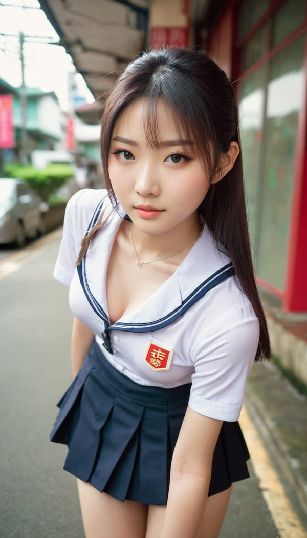 Tags: 21872187, SDXL
{"3": {"inputs": {"seed": 523006928843658, "steps": 32, "cfg": 7.95, "sampler_name": "dpmpp_2m", "scheduler": "karras", "denoise": 1.0, "model": ["27", 0], "positive": ["6", 0], "negative": ["7", 0], "latent_image": ["5", 0]}, "class_type": "KSampler"}, "4": {"inputs": {"ckpt_name": "juggernautxl.safetensors"}, "class_type": "CheckpointLoaderSimple"}, "5": {"inputs": {"width": 768, "height": 1344, "batch_size": 1}, "class_type": "EmptyLatentImage"}, "6": {"inputs": {"text": "18 year old girl, (taiwanese:0.99), (seductive facial expression:0.97), (blush:1.10), (cute:1.11), (idol:0.96), (pale skin:0.96), (temptress:1.10), (slim:1.10), (eyelashes:1.02), (beautiful eyes:1.01), (seductive pose:0.96), (double eyelids:1.11), (in a seductive pose:1.09), (large perky breasts:1.05), (cleavage:1.14), (thigh gap:1.10), (school uniform:1.13), choker, busy street, (skin fuzz:1.02), (film:1.08), (portra:1.02), (detailed skin:1.09), (soft lighting:1.09), (RAW:1.07), (textured skin:1.05), (natural looking skin:1.04), (candid cinema:1.05)", "clip": ["27", 1]}, "class_type": "CLIPTextEncode"}, "7": {"inputs": {"text": "(open mouth:1.10), (low resolution:1.07), (watermark:1.07), (bad hands:1.11), (twisted:1.09), (worst quality:1.13), (distorted:1.13)", "clip": ["27", 1]}, "class_type": "CLIPTextEncode"}, "8": {"inputs": {"samples": ["3", 0], "vae": ["4", 2]}, "class_type": "VAEDecode"}, "25": {"inputs": {"lora_name": "nudify_xl.safetensors", "strength_model": 0.19, "strength_clip": 0.31, "model": ["4", 0], "clip": ["4", 1]}, "class_type": "LoraLoader"}, "26": {"inputs": {"lora_name": "shirtlift_SDXL_v2.safetensors", "strength_model": 0.08, "strength_clip": 0.06, "model": ["25", 0], "clip": ["25", 1]}, "class_type": "LoraLoader"}, "27": {"inputs": {"lora_name": "PerfectEyesXL.safetensors", "strength_model": 0.12, "strength_clip": 0.06, "model": ["26", 0], "clip": ["26", 1]}, "class_type": "LoraLoader"}, "30": {"inputs": {"model_name": "4x_NMKD-Superscale-SP_178000_G.pth"}, "class_type": "UpscaleModelLoader"}, "31": {"inputs": {"upscale_model": ["30", 0], "image": ["8", 0]}, "class_type": "ImageUpscaleWithModel"}, "32": {"inputs": {"upscale_method": "lanczos", "scale_by": 0.5, "image": ["31", 0]}, "class_type": "ImageScaleBy"}, "33": {"inputs": {"pixels": ["32", 0], "vae": ["4", 2]}, "class_type": "VAEEncode"}, "34": {"inputs": {"seed": 523006928843658, "steps": 32, "cfg": 7.95, "sampler_name": "dpmpp_2m", "scheduler": "karras", "denoise": 0.3, "model": ["27", 0], "positive": ["6", 0], "negative": ["7", 0], "latent_image": ["33", 0]}, "class_type": "KSampler"}, "36": {"inputs": {"samples": ["34", 0], "vae": ["4", 2]}, "class_type": "VAEDecode"}, "39": {"inputs": {"filename_prefix": "comfyapi-1731269529392", "images": ["36", 0]}, "class_type": "SaveImage"}}