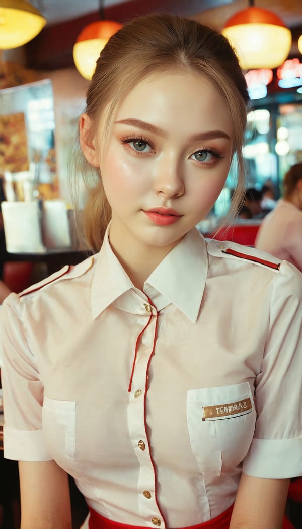 Tags: 21872187, SDXL
{"3": {"inputs": {"seed": 533655437022256, "steps": 32, "cfg": 7.06, "sampler_name": "dpmpp_2m", "scheduler": "karras", "denoise": 1.0, "model": ["27", 0], "positive": ["6", 0], "negative": ["7", 0], "latent_image": ["5", 0]}, "class_type": "KSampler"}, "4": {"inputs": {"ckpt_name": "juggernautxl.safetensors"}, "class_type": "CheckpointLoaderSimple"}, "5": {"inputs": {"width": 768, "height": 1344, "batch_size": 1}, "class_type": "EmptyLatentImage"}, "6": {"inputs": {"text": "20 year old girl, (russian:1.01), (detailed face:0.98), (double eyelids:1.06), (temptress:1.11), (seductive facial expression:1.12), (slim:1.08), (idol:1.09), (pale skin:1.04), (beautiful eyes:1.05), (eyelashes:1.11), (sexy lips:1.12), (blush:1.01), (seductive pose:1.14), (cute:1.10), (on all fours:1.01), (spreading ass cheeks:1.08), (from behind:1.09), (backboob:1.06), (a waitress in uniform:1.14) working at a restaurant, (skin fuzz:1.08), (candid cinema:1.04), (soft lighting:1.05), (textured skin:1.00), (detailed skin:1.02), (film:1.06), (portra:1.04), (natural looking skin:1.05), (RAW:1.09)", "clip": ["27", 1]}, "class_type": "CLIPTextEncode"}, "7": {"inputs": {"text": "(bad hands:1.10), (worst quality:1.06), (twisted:1.11), (low resolution:1.05), (distorted:1.06), (open mouth:1.12), (watermark:1.10)", "clip": ["27", 1]}, "class_type": "CLIPTextEncode"}, "8": {"inputs": {"samples": ["3", 0], "vae": ["4", 2]}, "class_type": "VAEDecode"}, "25": {"inputs": {"lora_name": "nudify_xl.safetensors", "strength_model": 0.36, "strength_clip": 0.13, "model": ["4", 0], "clip": ["4", 1]}, "class_type": "LoraLoader"}, "26": {"inputs": {"lora_name": "shirtlift_SDXL_v2.safetensors", "strength_model": 0.05, "strength_clip": 0.11, "model": ["25", 0], "clip": ["25", 1]}, "class_type": "LoraLoader"}, "27": {"inputs": {"lora_name": "PerfectEyesXL.safetensors", "strength_model": 0.01, "strength_clip": 0.15, "model": ["26", 0], "clip": ["26", 1]}, "class_type": "LoraLoader"}, "30": {"inputs": {"model_name": "4x_NMKD-Superscale-SP_178000_G.pth"}, "class_type": "UpscaleModelLoader"}, "31": {"inputs": {"upscale_model": ["30", 0], "image": ["8", 0]}, "class_type": "ImageUpscaleWithModel"}, "32": {"inputs": {"upscale_method": "lanczos", "scale_by": 0.5, "image": ["31", 0]}, "class_type": "ImageScaleBy"}, "33": {"inputs": {"pixels": ["32", 0], "vae": ["4", 2]}, "class_type": "VAEEncode"}, "34": {"inputs": {"seed": 533655437022256, "steps": 32, "cfg": 7.06, "sampler_name": "dpmpp_2m", "scheduler": "karras", "denoise": 0.3, "model": ["27", 0], "positive": ["6", 0], "negative": ["7", 0], "latent_image": ["33", 0]}, "class_type": "KSampler"}, "36": {"inputs": {"samples": ["34", 0], "vae": ["4", 2]}, "class_type": "VAEDecode"}, "39": {"inputs": {"filename_prefix": "comfyapi-1714407864712", "images": ["36", 0]}, "class_type": "SaveImage"}}