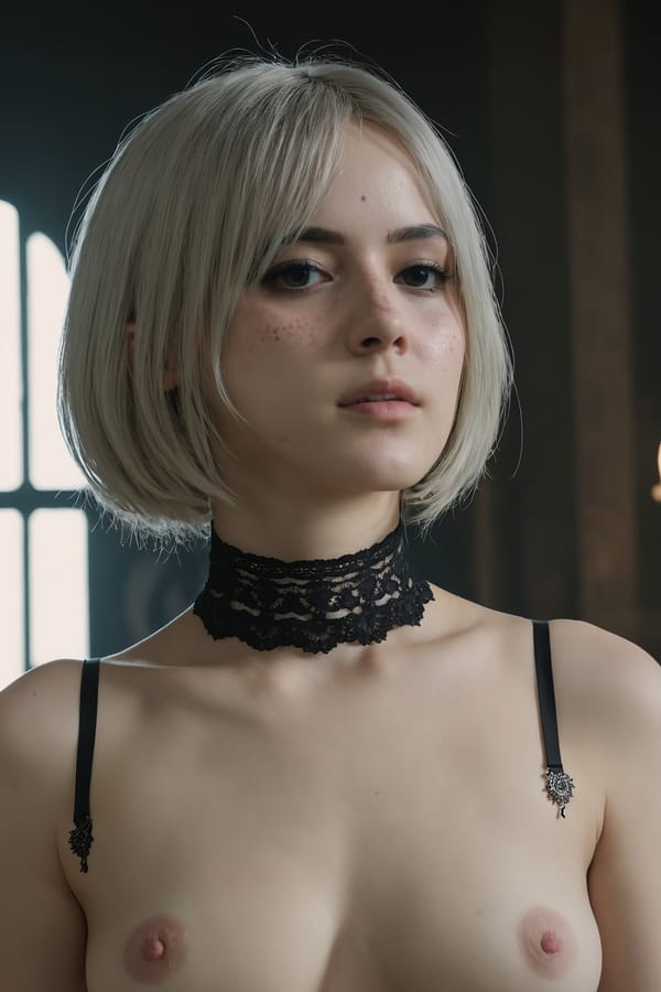 Tags: undefined
professional  cinematic photo, 2b nier automata, lace, choker,  detailed natural skin and blemishes,  35mm photograph, professional, 4k, highly detailed, (freckles:0.3),  bare breasts, (topless:1.8), (small perky breasts:1.7)
Negative prompt: (eyes),drawing, painting, crayon, sketch, graphite, impressionist, noisy, blurry, soft, deformed, ugly, (worst quality, low quality, normal quality, lowres, low details, oversaturated, undersaturated, overexposed, underexposed, grayscale, bw, bad photo, bad photography, bad art:1.4), (watermark, signature, text font, username, error, logo, words, letters, digits, autograph, trademark, name:1.2), (blur, blurry, grainy), morbid, ugly, asymmetrical, mutated malformed, mutilated, poorly lit, bad shadow, draft, cropped, out of frame, cut off, censored, jpeg artifacts, out of focus, glitch, duplicate, (airbrushed, cartoon, anime, semi-realistic, cgi, render, blender, digital art, manga, amateur:1.3), (3D ,3D Game, 3D Game Scene, 3D Character:1.1), (bad hands, bad anatomy, bad body, bad face, bad teeth, bad arms, bad legs, deformities:1.3)
Steps: 40, Sampler: DPM++ 2M, CFG scale: 7, Seed: 4229270471, Size: 768x1152, Model hash: aeb7e9e689, Model: juggernautXL_v8Rundiffusion, Denoising strength: 0.35, Hires upscale: 1.75, Hires upscaler: R-ESRGAN 4x+, Version: v1.7.0