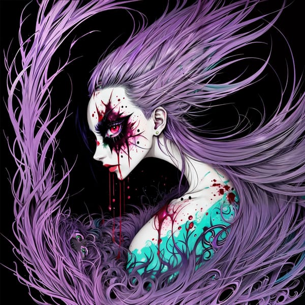Tags: undefined
style by Alex Pardee, a woman with purple hair and blood on her face and eyes, with a black background and a green and blue swirl, Aya Goda, anime art, an anime drawing, gothic art, ultra quality, ultra detailed, sharp focus, ultra quality, ultra detailed, sharp focus, ultra quality, ultra detailed, sharp focus, ultra quality, ultra detailed, sharp focus, ultra quality, ultra detailed, sharp focus, ultra quality, ultra detailed, sharp focus, ultra quality, ultra detailed, sharp focus, ultra quality, ultra detailed, sharp focus, ultra quality, ultra detailed, sharp focus
Negative prompt: (deformed, distorted, disfigured:1.3), stacked torsos, totem pole, poorly drawn, bad anatomy, wrong anatomy, extra limb, missing limb, floating limbs, (mutated hands and fingers:1.4), disconnected limbs, mutation, mutated, ugly, disgusting, blurry, amputation
Steps: 80, Sampler: DPM++ 2M Karras, CFG scale: 7, Seed: 1587588108, Size: 1536x1536, Model hash: 879db523c3, Model: dreamshaper_8, VAE hash: c6a580b13a, VAE: vae-ft-mse-840000-ema-pruned.ckpt, Denoising strength: 0.6, Ultimate SD upscale upscaler: 4x_Struzan, Ultimate SD upscale tile_width: 512, Ultimate SD upscale tile_height: 512, Ultimate SD upscale mask_blur: 14, Ultimate SD upscale padding: 32, ControlNet 0: "Module: tile_resample, Model: controlnet11Models_tileE [e47b23a8], Weight: 0.9, Resize Mode: Crop and Resize, Processor Res: 0.5, Threshold A: 0.5, Threshold B: 0.5, Guidance Start: 0, Guidance End: 0.8, Pixel Perfect: False, Control Mode: Balanced, Hr Option: Both", Style Selector Enabled: True, Style Selector Randomize: False, Style Selector Style: base, Mask blur: 14, Inpaint area: Only masked, Masked area padding: 32, Extra noise: 0.03, Version: f0.0.17v1.8.0rc-latest-276-g29be1da7