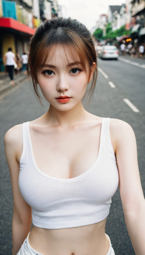 Tags: 21872187, SDXL
{"3": {"inputs": {"seed": 321272069803667, "steps": 64, "cfg": 6.96, "sampler_name": "dpmpp_2m", "scheduler": "karras", "denoise": 1.0, "model": ["27", 0], "positive": ["6", 0], "negative": ["7", 0], "latent_image": ["5", 0]}, "class_type": "KSampler"}, "4": {"inputs": {"ckpt_name": "helloworldxl.safetensors"}, "class_type": "CheckpointLoaderSimple"}, "5": {"inputs": {"width": 768, "height": 1344, "batch_size": 1}, "class_type": "EmptyLatentImage"}, "6": {"inputs": {"text": "21 year old girl, (eyelashes:1.04), (cute:1.13), (slim:1.11), (seductive pose:1.11), (beautiful eyes:1.14), (pale skin:1.08), (seductive facial expression:0.96), (idol:1.12), (blush:1.04), (detailed face:1.06), (temptress:0.99), (double eyelids:1.00), (in a seductive pose:1.14), (large perky breasts:0.96), (cleavage:1.01), (thigh gap:1.01), (white tanktop:1.13), busy street, (portra:1.03), (natural looking skin:1.00), (skin fuzz:1.00), (detailed skin:1.06), (candid cinema:1.06), (soft lighting:1.08), (film:1.05), (RAW:1.08), (textured skin:1.05)", "clip": ["27", 1]}, "class_type": "CLIPTextEncode"}, "7": {"inputs": {"text": "(distorted:1.11), (twisted:1.10), (watermark:1.13), (low resolution:1.05), (open mouth:1.07), (bad hands:1.10), (worst quality:1.07)", "clip": ["27", 1]}, "class_type": "CLIPTextEncode"}, "8": {"inputs": {"samples": ["3", 0], "vae": ["4", 2]}, "class_type": "VAEDecode"}, "25": {"inputs": {"lora_name": "nudify_xl.safetensors", "strength_model": 0.26, "strength_clip": 0.09, "model": ["4", 0], "clip": ["4", 1]}, "class_type": "LoraLoader"}, "26": {"inputs": {"lora_name": "shirtlift_SDXL_v2.safetensors", "strength_model": 0.13, "strength_clip": 0.12, "model": ["25", 0], "clip": ["25", 1]}, "class_type": "LoraLoader"}, "27": {"inputs": {"lora_name": "PerfectEyesXL.safetensors", "strength_model": 0.0, "strength_clip": 0.1, "model": ["26", 0], "clip": ["26", 1]}, "class_type": "LoraLoader"}, "30": {"inputs": {"model_name": "4x_NMKD-Superscale-SP_178000_G.pth"}, "class_type": "UpscaleModelLoader"}, "31": {"inputs": {"upscale_model": ["30", 0], "image": ["8", 0]}, "class_type": "ImageUpscaleWithModel"}, "32": {"inputs": {"upscale_method": "lanczos", "scale_by": 0.5, "image": ["31", 0]}, "class_type": "ImageScaleBy"}, "33": {"inputs": {"pixels": ["32", 0], "vae": ["4", 2]}, "class_type": "VAEEncode"}, "34": {"inputs": {"seed": 321272069803667, "steps": 64, "cfg": 6.96, "sampler_name": "dpmpp_2m", "scheduler": "karras", "denoise": 0.3, "model": ["27", 0], "positive": ["6", 0], "negative": ["7", 0], "latent_image": ["33", 0]}, "class_type": "KSampler"}, "36": {"inputs": {"samples": ["34", 0], "vae": ["4", 2]}, "class_type": "VAEDecode"}, "39": {"inputs": {"filename_prefix": "comfyapi-1711204292509", "images": ["36", 0]}, "class_type": "SaveImage"}}