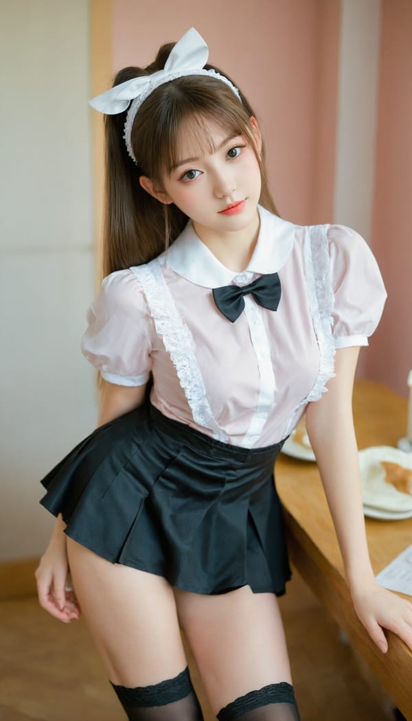 Tags: 21872187, SDXL
{"3": {"inputs": {"seed": 471479499445211, "steps": 64, "cfg": 5.59, "sampler_name": "dpmpp_2m", "scheduler": "karras", "denoise": 1.0, "model": ["27", 0], "positive": ["6", 0], "negative": ["7", 0], "latent_image": ["5", 0]}, "class_type": "KSampler"}, "4": {"inputs": {"ckpt_name": "leosamsHelloworldSDXL_helloworldSDXL32DPO.safetensors"}, "class_type": "CheckpointLoaderSimple"}, "5": {"inputs": {"width": 768, "height": 1344, "batch_size": 1}, "class_type": "EmptyLatentImage"}, "6": {"inputs": {"text": "18 year old girl, (ukrainian:1.06), (russian:0.99), (japanese:1.06), (seductive pose:1.06), (detailed face:1.05), (eyelashes:0.97), (slim:1.10), (idol:0.98), (pale skin:1.10), (blush:1.09), (cute:1.04), (beautiful eyes:0.99), (sexy lips:1.01), (temptress:1.14), (double eyelids:1.12), (seductive facial expression:1.10), (perky ass:1.13), (exposed ass:1.03), (looking back:1.10), (sexy ass:1.10), (thigh gap:0.99), in a (skimpy maid costume:1.09) working at a maid cafe, choker, bowtie, headband, pleated skirt, (RAW:1.00), (candid cinema:1.03), (detailed skin:1.02), (skin fuzz:1.03), (film:1.07), (soft lighting:1.09), (natural looking skin:1.05), (textured skin:1.08), (portra:1.00)", "clip": ["27", 1]}, "class_type": "CLIPTextEncode"}, "7": {"inputs": {"text": "(bad hands:1.06), (twisted:1.09), (open mouth:1.13), (distorted:1.08), (worst quality:1.11), (watermark:1.05), (low resolution:1.11)", "clip": ["27", 1]}, "class_type": "CLIPTextEncode"}, "8": {"inputs": {"samples": ["3", 0], "vae": ["4", 2]}, "class_type": "VAEDecode"}, "25": {"inputs": {"lora_name": "nudify_xl.safetensors", "strength_model": 0.15, "strength_clip": 0.3, "model": ["4", 0], "clip": ["4", 1]}, "class_type": "LoraLoader"}, "26": {"inputs": {"lora_name": "shirtlift_SDXL_v2.safetensors", "strength_model": 0.01, "strength_clip": 0.02, "model": ["25", 0], "clip": ["25", 1]}, "class_type": "LoraLoader"}, "27": {"inputs": {"lora_name": "PerfectEyesXL.safetensors", "strength_model": 0.15, "strength_clip": 0.04, "model": ["26", 0], "clip": ["26", 1]}, "class_type": "LoraLoader"}, "30": {"inputs": {"model_name": "4x_NMKD-Superscale-SP_178000_G.pth"}, "class_type": "UpscaleModelLoader"}, "31": {"inputs": {"upscale_model": ["30", 0], "image": ["8", 0]}, "class_type": "ImageUpscaleWithModel"}, "32": {"inputs": {"upscale_method": "lanczos", "scale_by": 0.5, "image": ["31", 0]}, "class_type": "ImageScaleBy"}, "33": {"inputs": {"pixels": ["32", 0], "vae": ["4", 2]}, "class_type": "VAEEncode"}, "34": {"inputs": {"seed": 471479499445211, "steps": 64, "cfg": 5.59, "sampler_name": "dpmpp_2m", "scheduler": "karras", "denoise": 0.3, "model": ["27", 0], "positive": ["6", 0], "negative": ["7", 0], "latent_image": ["33", 0]}, "class_type": "KSampler"}, "36": {"inputs": {"samples": ["34", 0], "vae": ["4", 2]}, "class_type": "VAEDecode"}, "39": {"inputs": {"filename_prefix": "comfyapi-1707674143380", "images": ["36", 0]}, "class_type": "SaveImage"}}