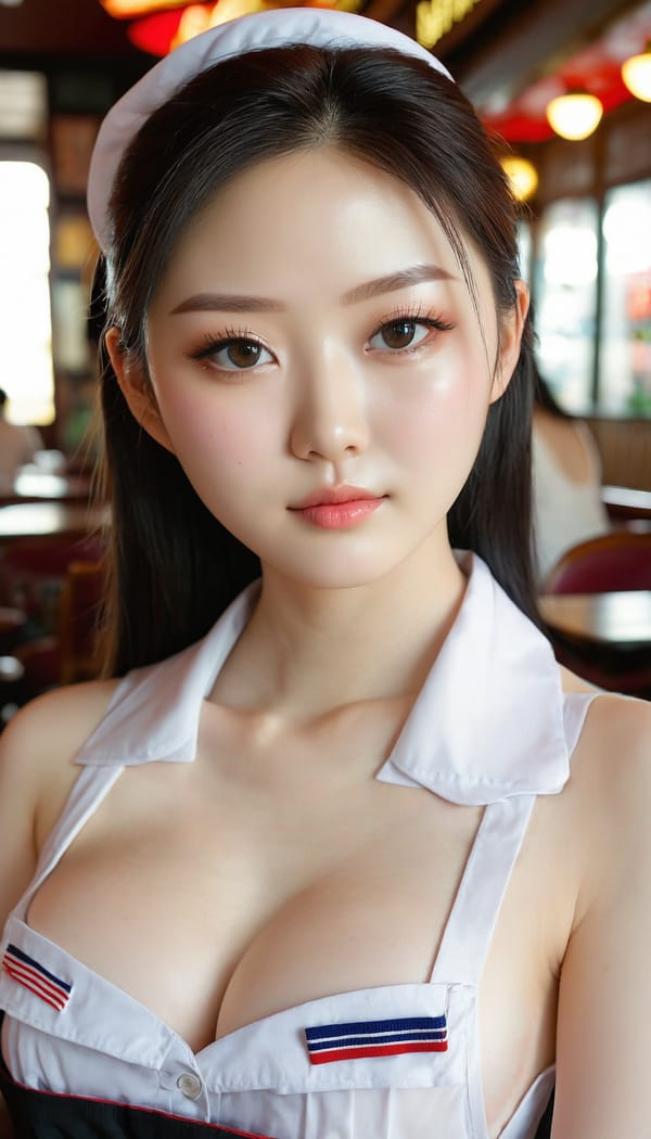 Tags: 21872187, SDXL
{"3": {"inputs": {"seed": 882489258097799, "steps": 64, "cfg": 7.71, "sampler_name": "dpmpp_2m", "scheduler": "karras", "denoise": 1.0, "model": ["27", 0], "positive": ["6", 0], "negative": ["7", 0], "latent_image": ["5", 0]}, "class_type": "KSampler"}, "4": {"inputs": {"ckpt_name": "juggernautxl.safetensors"}, "class_type": "CheckpointLoaderSimple"}, "5": {"inputs": {"width": 768, "height": 1344, "batch_size": 1}, "class_type": "EmptyLatentImage"}, "6": {"inputs": {"text": "22 year old girl, (korean:1.06), (temptress:1.00), (pale skin:1.10), (eyelashes:1.00), (beautiful eyes:0.99), (blush:0.99), (slim:1.01), (sexy lips:1.11), (seductive facial expression:1.10), (detailed face:1.06), (idol:1.14), (cute:0.97), (double eyelids:1.11), (in a seductive pose:1.07), (large perky breasts:1.06), (cleavage:0.99), (thigh gap:1.10), (a waitress in uniform:0.99) working at a restaurant, (skin fuzz:1.06), (portra:1.03), (film:1.02), (natural looking skin:1.07), (textured skin:1.01), (RAW:1.06), (detailed skin:1.01), (soft lighting:1.04)", "clip": ["27", 1]}, "class_type": "CLIPTextEncode"}, "7": {"inputs": {"text": "(open mouth:1.14), (bad hands:1.07), (watermark:1.07), (worst quality:1.08), (low resolution:1.06), (twisted:1.07), (distorted:1.07)", "clip": ["27", 1]}, "class_type": "CLIPTextEncode"}, "8": {"inputs": {"samples": ["3", 0], "vae": ["4", 2]}, "class_type": "VAEDecode"}, "25": {"inputs": {"lora_name": "nudify_xl.safetensors", "strength_model": 0.14, "strength_clip": 0.19, "model": ["4", 0], "clip": ["4", 1]}, "class_type": "LoraLoader"}, "26": {"inputs": {"lora_name": "shirtlift_SDXL_v2.safetensors", "strength_model": 0.09, "strength_clip": 0.03, "model": ["25", 0], "clip": ["25", 1]}, "class_type": "LoraLoader"}, "27": {"inputs": {"lora_name": "PerfectEyesXL.safetensors", "strength_model": 0.07, "strength_clip": 0.15, "model": ["26", 0], "clip": ["26", 1]}, "class_type": "LoraLoader"}, "30": {"inputs": {"model_name": "4x_NMKD-Superscale-SP_178000_G.pth"}, "class_type": "UpscaleModelLoader"}, "31": {"inputs": {"upscale_model": ["30", 0], "image": ["8", 0]}, "class_type": "ImageUpscaleWithModel"}, "32": {"inputs": {"upscale_method": "lanczos", "scale_by": 0.5, "image": ["31", 0]}, "class_type": "ImageScaleBy"}, "33": {"inputs": {"pixels": ["32", 0], "vae": ["4", 2]}, "class_type": "VAEEncode"}, "34": {"inputs": {"seed": 882489258097799, "steps": 64, "cfg": 7.71, "sampler_name": "dpmpp_2m", "scheduler": "karras", "denoise": 0.3, "model": ["27", 0], "positive": ["6", 0], "negative": ["7", 0], "latent_image": ["33", 0]}, "class_type": "KSampler"}, "36": {"inputs": {"samples": ["34", 0], "vae": ["4", 2]}, "class_type": "VAEDecode"}, "39": {"inputs": {"filename_prefix": "comfyapi-1731160892514", "images": ["36", 0]}, "class_type": "SaveImage"}}