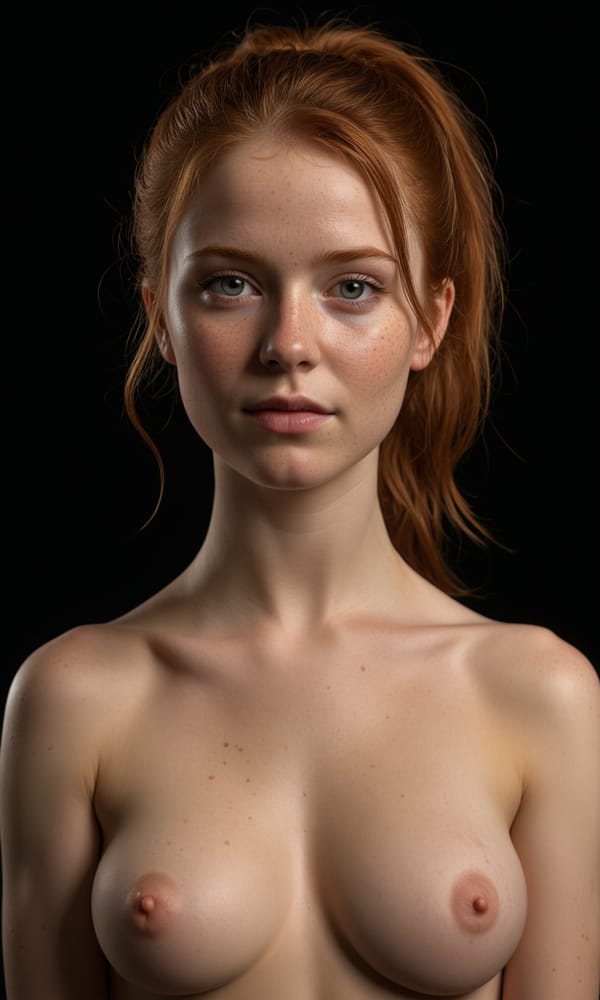 Tags: undefined
(full body photo of topless pale readhead 1girl:1.2),  (Supple breasts with aroused nipples1.1) simple background, brown hair ponytail, swept bangs, micro bikini, elegant, beautiful, freckles, realistic, beautiful eyes, dark shadows, night background, dark, chiaroscuro, low-key, slight smile, 
<lora:skin_4:0.2>, <lora:Perfect Hands v2:0.2>,
Negative prompt: pubic hair, bad quality, blurry, ugly, hand, hands, panties, thong

Steps: 24, Sampler: Euler a, CFG scale: 2, Seed: 2104456745, Size: 768x1280, Model hash: c8df560d29, Model: juggernautXL_v9Rdphoto2Lightning, Denoising strength: 0.5, Wildcard prompt: "(full body photo of topless pale readhead 1girl:1.2),  (__breast_size__ breasts with aroused nipples1.1) simple background, brown hair ponytail, swept bangs, __sexy_bottom_attire__, elegant, beautiful, freckles, realistic, beautiful eyes, dark shadows, night background, dark, chiaroscuro, low-key, slight smile, \n<lora:skin_4:0.2>, <lora:Perfect Hands v2:0.2>,", Hires upscale: 1.5, Hires steps: 12, Hires upscaler: R-ESRGAN 4x+, Lora hashes: "skin_4: 0fa3db041a60, Perfect Hands v2: 8448755682f7", Version: v1.8.0