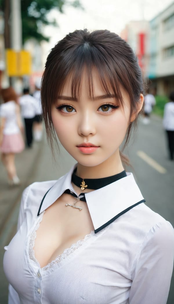 Tags: 21872187, SDXL
{"3": {"inputs": {"seed": 712892051833180, "steps": 64, "cfg": 7.04, "sampler_name": "dpmpp_2m", "scheduler": "karras", "denoise": 1.0, "model": ["27", 0], "positive": ["6", 0], "negative": ["7", 0], "latent_image": ["5", 0]}, "class_type": "KSampler"}, "4": {"inputs": {"ckpt_name": "juggernautxl.safetensors"}, "class_type": "CheckpointLoaderSimple"}, "5": {"inputs": {"width": 768, "height": 1344, "batch_size": 1}, "class_type": "EmptyLatentImage"}, "6": {"inputs": {"text": "22 year old girl, (ukrainian:0.99), (japanese:0.97), (beautiful eyes:1.00), (double eyelids:1.09), (blush:0.97), (temptress:1.09), (idol:1.10), (slim:1.09), (seductive facial expression:1.06), (seductive pose:1.06), (sexy lips:1.06), (pale skin:1.11), (cute:1.14), (eyelashes:1.10), (in a seductive pose:1.05), (large perky breasts:1.06), (cleavage:1.03), (thigh gap:0.99), (school uniform:1.04), choker, busy street, (textured skin:1.08), (detailed skin:1.06), (skin fuzz:1.07), (film:1.05), (RAW:1.09), (natural looking skin:1.00), (portra:1.02), (soft lighting:1.02), (candid cinema:1.05)", "clip": ["27", 1]}, "class_type": "CLIPTextEncode"}, "7": {"inputs": {"text": "(watermark:1.09), (open mouth:1.06), (worst quality:1.08), (bad hands:1.05), (distorted:1.13), (twisted:1.13), (low resolution:1.05)", "clip": ["27", 1]}, "class_type": "CLIPTextEncode"}, "8": {"inputs": {"samples": ["3", 0], "vae": ["4", 2]}, "class_type": "VAEDecode"}, "25": {"inputs": {"lora_name": "nudify_xl.safetensors", "strength_model": 0.12, "strength_clip": 0.39, "model": ["4", 0], "clip": ["4", 1]}, "class_type": "LoraLoader"}, "26": {"inputs": {"lora_name": "shirtlift_SDXL_v2.safetensors", "strength_model": 0.09, "strength_clip": 0.04, "model": ["25", 0], "clip": ["25", 1]}, "class_type": "LoraLoader"}, "27": {"inputs": {"lora_name": "PerfectEyesXL.safetensors", "strength_model": 0.0, "strength_clip": 0.13, "model": ["26", 0], "clip": ["26", 1]}, "class_type": "LoraLoader"}, "30": {"inputs": {"model_name": "4x_NMKD-Superscale-SP_178000_G.pth"}, "class_type": "UpscaleModelLoader"}, "31": {"inputs": {"upscale_model": ["30", 0], "image": ["8", 0]}, "class_type": "ImageUpscaleWithModel"}, "32": {"inputs": {"upscale_method": "lanczos", "scale_by": 0.5, "image": ["31", 0]}, "class_type": "ImageScaleBy"}, "33": {"inputs": {"pixels": ["32", 0], "vae": ["4", 2]}, "class_type": "VAEEncode"}, "34": {"inputs": {"seed": 712892051833180, "steps": 64, "cfg": 7.04, "sampler_name": "dpmpp_2m", "scheduler": "karras", "denoise": 0.3, "model": ["27", 0], "positive": ["6", 0], "negative": ["7", 0], "latent_image": ["33", 0]}, "class_type": "KSampler"}, "36": {"inputs": {"samples": ["34", 0], "vae": ["4", 2]}, "class_type": "VAEDecode"}, "39": {"inputs": {"filename_prefix": "comfyapi-1728346179459", "images": ["36", 0]}, "class_type": "SaveImage"}}