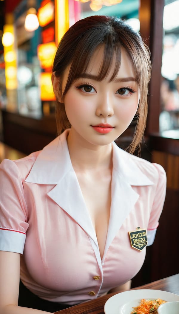 Tags: 21872187, SDXL
{"3": {"inputs": {"seed": 361060000307683, "steps": 32, "cfg": 7.96, "sampler_name": "dpmpp_2m", "scheduler": "karras", "denoise": 1.0, "model": ["27", 0], "positive": ["6", 0], "negative": ["7", 0], "latent_image": ["5", 0]}, "class_type": "KSampler"}, "4": {"inputs": {"ckpt_name": "juggernautxl.safetensors"}, "class_type": "CheckpointLoaderSimple"}, "5": {"inputs": {"width": 768, "height": 1344, "batch_size": 1}, "class_type": "EmptyLatentImage"}, "6": {"inputs": {"text": "25 year old girl, (double eyelids:1.02), (seductive facial expression:1.04), (pale skin:0.98), (idol:1.13), (eyelashes:0.99), (slim:0.98), (detailed face:1.03), (blush:1.08), (cute:1.10), (sexy lips:1.09), (seductive pose:1.05), (beautiful eyes:0.96), (temptress:0.97), (in a seductive pose:0.96), (large perky breasts:1.09), (cleavage:1.10), (thigh gap:1.07), (a waitress in uniform:1.04) working at a restaurant, (skin fuzz:1.01), (soft lighting:1.02), (detailed skin:1.02), (textured skin:1.02), (film:1.08), (natural looking skin:1.09), (candid cinema:1.04), (portra:1.05), (RAW:1.00)", "clip": ["27", 1]}, "class_type": "CLIPTextEncode"}, "7": {"inputs": {"text": "(watermark:1.05), (distorted:1.10), (open mouth:1.08), (twisted:1.09), (worst quality:1.12), (bad hands:1.07), (low resolution:1.10)", "clip": ["27", 1]}, "class_type": "CLIPTextEncode"}, "8": {"inputs": {"samples": ["3", 0], "vae": ["4", 2]}, "class_type": "VAEDecode"}, "25": {"inputs": {"lora_name": "nudify_xl.safetensors", "strength_model": 0.31, "strength_clip": 0.05, "model": ["4", 0], "clip": ["4", 1]}, "class_type": "LoraLoader"}, "26": {"inputs": {"lora_name": "shirtlift_SDXL_v2.safetensors", "strength_model": 0.03, "strength_clip": 0.19, "model": ["25", 0], "clip": ["25", 1]}, "class_type": "LoraLoader"}, "27": {"inputs": {"lora_name": "PerfectEyesXL.safetensors", "strength_model": 0.16, "strength_clip": 0.0, "model": ["26", 0], "clip": ["26", 1]}, "class_type": "LoraLoader"}, "30": {"inputs": {"model_name": "4x_NMKD-Superscale-SP_178000_G.pth"}, "class_type": "UpscaleModelLoader"}, "31": {"inputs": {"upscale_model": ["30", 0], "image": ["8", 0]}, "class_type": "ImageUpscaleWithModel"}, "32": {"inputs": {"upscale_method": "lanczos", "scale_by": 0.5, "image": ["31", 0]}, "class_type": "ImageScaleBy"}, "33": {"inputs": {"pixels": ["32", 0], "vae": ["4", 2]}, "class_type": "VAEEncode"}, "34": {"inputs": {"seed": 361060000307683, "steps": 32, "cfg": 7.96, "sampler_name": "dpmpp_2m", "scheduler": "karras", "denoise": 0.3, "model": ["27", 0], "positive": ["6", 0], "negative": ["7", 0], "latent_image": ["33", 0]}, "class_type": "KSampler"}, "36": {"inputs": {"samples": ["34", 0], "vae": ["4", 2]}, "class_type": "VAEDecode"}, "39": {"inputs": {"filename_prefix": "comfyapi-1732775380354", "images": ["36", 0]}, "class_type": "SaveImage"}}