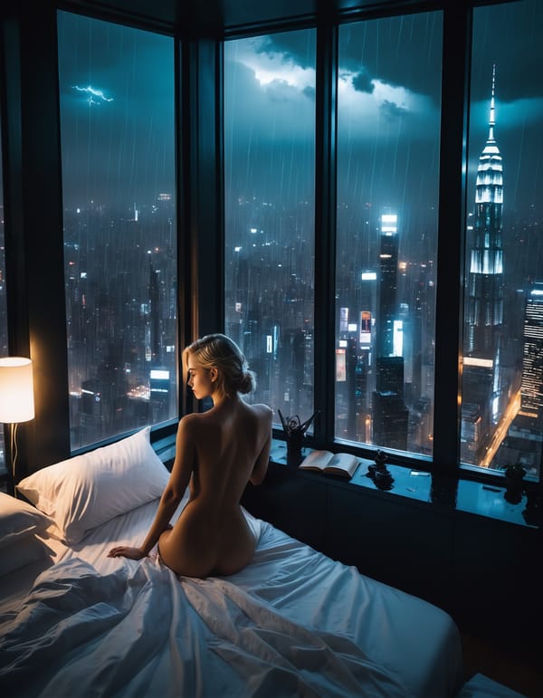 Tags: undefined
moody aesthetic, beautiful cozy, cramped bedroom with floor to ceiling glass windows overlooking a cyberpunk city at night, view from top of skyscraper, white bedsheets, bookshelves, thunderstorm outside with torrential rain, detailed, high resolution, photorealistic, dark, gloomy, nude topless blond woman small bare breasts 
Negative prompt: CGI, Unreal, Airbrushed, Digital, ((pubic hair)), deformed, disfigured, ugly, worst quality, low quality, bad quality, semi-realistic, cartoon,
Steps: 40, Sampler: DPM++ 3M SDE Karras, CFG scale: 7, Seed: 4236648304, Size: 896x1153, Model hash: aeb7e9e689, Model: juggernautXL_v8Rundiffusion, Denoising strength: 0.35, Hires upscale: 1.5, Hires upscaler: R-ESRGAN 4x+, Version: v1.7.0