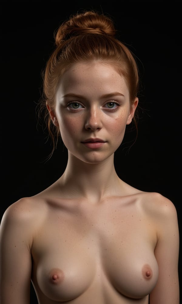 Tags: undefined
(full body photo of topless pale readhead 1girl:1.2),  (petite breasts with aroused nipples1.1) simple background, brown hair ponytail, swept bangs, micro bikini, elegant, beautiful, freckles, realistic, beautiful eyes, dark shadows, night background, dark, chiaroscuro, low-key, slight smile, 
<lora:skin_4:0.2>, <lora:Perfect Hands v2:0.2>,
Negative prompt: pubic hair, bad quality, blurry, ugly, hand, hands, panties, thong

Steps: 24, Sampler: Euler a, CFG scale: 2, Seed: 2104456723, Size: 768x1280, Model hash: c8df560d29, Model: juggernautXL_v9Rdphoto2Lightning, Denoising strength: 0.5, Wildcard prompt: "(full body photo of topless pale readhead 1girl:1.2),  (__breast_size__ breasts with aroused nipples1.1) simple background, brown hair ponytail, swept bangs, __sexy_bottom_attire__, elegant, beautiful, freckles, realistic, beautiful eyes, dark shadows, night background, dark, chiaroscuro, low-key, slight smile, \n<lora:skin_4:0.2>, <lora:Perfect Hands v2:0.2>,", Hires upscale: 1.5, Hires steps: 12, Hires upscaler: R-ESRGAN 4x+, Lora hashes: "skin_4: 0fa3db041a60, Perfect Hands v2: 8448755682f7", Version: v1.8.0