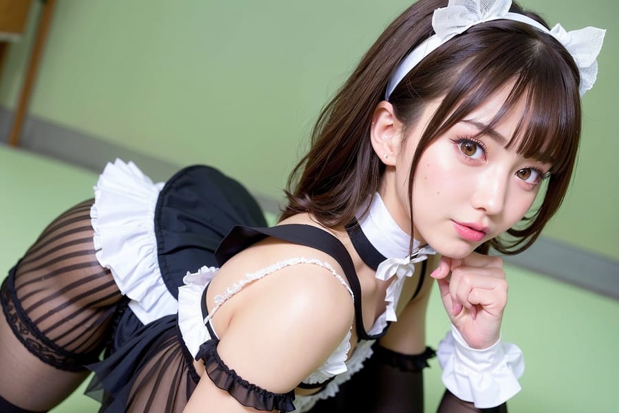 Tags: 21872187
<lora:JapaneseDollLikeness_v15:0.44>, maid cafe, stockings, (maid costume:1.15), choker, bowtie, headband, (pleated skirt:0.96), (perky ass:1.06), (exposed ass:0.98), (looking back:1.20), <lora:Addams:0.25>, extremely detailed eyes, cute, (photorealistic:1.14), sexy lips, seductive smile, double eyelids, pale skin, perky breasts, sharp, hyper realistic, (thigh gap:1.18), solo, (stunningly attractive:0.94), (dramatic:0.96)
Negative prompt: drawings, sketches, black and white, (worst quality:2.00)
Steps: 32, Sampler: DPM++ 2M Karras, CFG scale: 5.8, Seed: 2442725390, Size: 768x512, Model hash: fc2511737a, Model: chilloutmix_NiPrunedFp32Fix, Seed resize from: -1x-1, Denoising strength: 0.4, Version: v1.2.1, Hires upscale: 2.0, Hires steps: 16, Hires upscaler: ESRGAN_4x