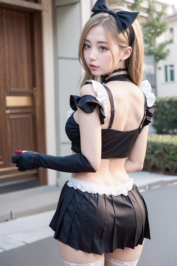 Tags: 21872187
<lora:mix4:0.59>, (russian:0.99), (ukrainian:0.90), maid cafe, stockings, (maid costume:0.98), choker, bowtie, headband, (pleated skirt:1.11), (perky ass:0.92), (exposed ass:1.01), (looking back:1.02), <lora:Addams:0.21>, extremely detailed face, cute, (photorealistic:1.14), sexy lips, double eyelids, eyelashes, pale skin, RAW, sharp, (long slim legs:1.04), (thigh gap:1.02), blush, delicate and beautiful girl, 1girl, solo
Negative prompt: drawings, sketches, paintings, anime, black and white, ugly, disfigured, (worst quality:1.95)
Steps: 32, Sampler: DPM++ 2M Karras, CFG scale: 6.47, Seed: 3653579382, Size: 512x768, Model hash: fc2511737a, Model: chilloutmix_NiPrunedFp32Fix, Seed resize from: -1x-1, Denoising strength: 0.4, Version: v1.2.1, Hires upscale: 3.5, Hires steps: 16, Hires upscaler: ESRGAN_4x