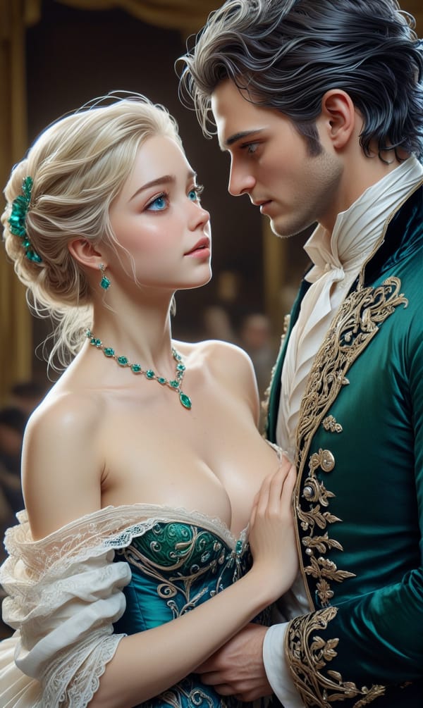 Tags: undefined
(topless nude her bare breast breasts nipples:1.7),
(man and a woman couple embracing each other there is a height difference between them), 
(1 topless blonde girl wearing green ballgown falling off shoulders exposing her bare breasts: 1.1),
(1 black haired man wearing black velvet ducal jacket with black swept back hair queue hansome:1.1), 

(ultra realistic:1.3),(best quality:1.3),(illustration:1.1),(hyper detailed:1.1),(high quality:1.1),masterpiece, pale complexion, intricate details, ultra detailed,(height difference:1.1),(eye contact:1.2),close together, emerald necklace,(blue colored eyes:1.2),(preparing to waltz:1.1),ballroom, small smile,elegant,1790s British formal clothes,
<lora:JuggerCineXL2:1>,<lora:LaxpeintXL-2.0:0.7>,<lora:add_detail:1>,<lora:more_details:1>,<lora:Tempest_Magic_-_XL_Grimoire:1>,<lora:detailed_notrigger:1>,
Negative prompt: ((hand, hands)),greyscale, bad anatomy, extra fingers, extra limbs, bad eyes,(mutated limbs:1.2),(mutated hands, mutated fingers:1.2),(deformed hands:1.2),simple background, signature, writing, logo, watermark, abnormal eye proportion,ugly-detailed-fingers,ugly-detailed-toes,fingers-in-worst-possible-shape,worst-detailed-eyes,undetailed-eyes,undetailed-fingers,mustache,closed-eyes,(wrinkled-coat:1.1),
Steps: 36, Sampler: Euler a, CFG scale: 1.5, Seed: 2982642804, Size: 768x1280, Model hash: c8df560d29, Model: juggernautXL_v9Rdphoto2Lightning, Denoising strength: 0.4, Hires upscale: 1.35, Hires steps: 4, Hires upscaler: R-ESRGAN 4x+, Lora hashes: "JuggerCineXL2: 91f68961ddc0, more_details: 3b8aa1d351ef, Tempest_Magic_-_XL_Grimoire: 705cf362e7a7, detailed_notrigger: 0f984fef7394", Version: v1.8.0