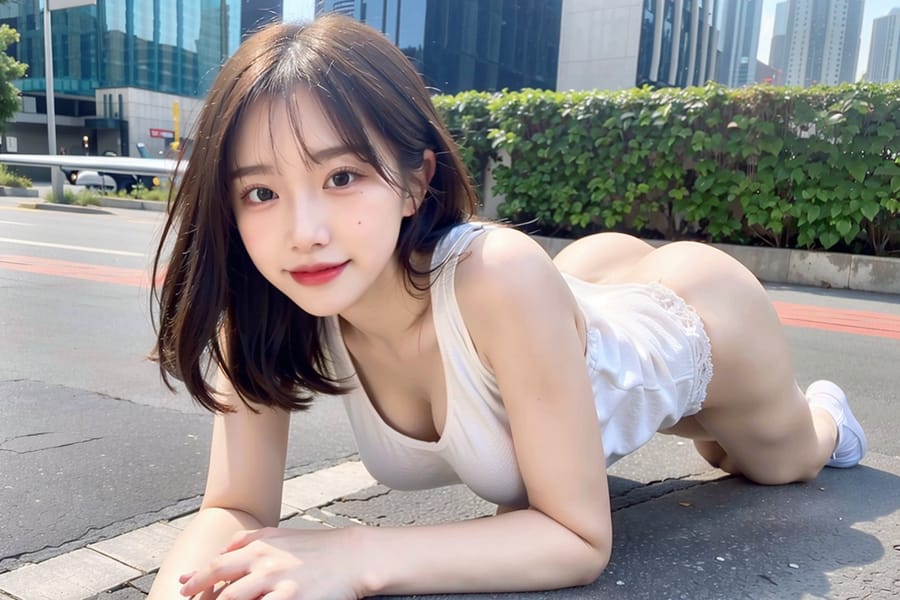 Tags: 21872187
<lora:mix4:0.63>, <lora:JapaneseDollLikeness_v15:0.58>, <lora:koreanDollLikeness:0.45>, (white tank top:0.93), (large breasts:0.98), busy street in urban city, (on all fours:1.03), spreading ass cheeks, (from behind:1.05), <lora:fixStandingDoggyStyle:0.21>, backboob, <lora:Addams:0.21>, extremely detailed face, cute, (photorealistic:0.91), sexy lips, seductive smile, eyelashes, pale skin, full body portrait, 4K, best quality, hyper realistic, (long slim legs:1.19), (thigh gap:0.97), delicate and beautiful girl, 1girl
Negative prompt: drawings, anime, black and white, fat, (normal quality:1.96), (worst quality:1.99)
Steps: 32, Sampler: DPM++ 2M Karras, CFG scale: 7.33, Seed: 1657125606, Size: 768x512, Model hash: fc2511737a, Model: chilloutmix_NiPrunedFp32Fix, Seed resize from: -1x-1, Denoising strength: 0.5, Version: v1.2.1, Hires upscale: 2.0, Hires steps: 16, Hires upscaler: ESRGAN_4x