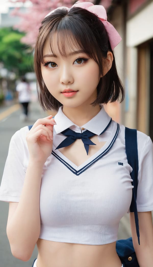 Tags: 21872187, SDXL
{"3": {"inputs": {"seed": 704713206641477, "steps": 32, "cfg": 5.54, "sampler_name": "dpmpp_2m", "scheduler": "karras", "denoise": 1.0, "model": ["27", 0], "positive": ["6", 0], "negative": ["7", 0], "latent_image": ["5", 0]}, "class_type": "KSampler"}, "4": {"inputs": {"ckpt_name": "juggernautxl.safetensors"}, "class_type": "CheckpointLoaderSimple"}, "5": {"inputs": {"width": 768, "height": 1344, "batch_size": 1}, "class_type": "EmptyLatentImage"}, "6": {"inputs": {"text": "19 year old girl, (japanese:1.01), (beautiful eyes:1.10), (seductive pose:0.96), (idol:1.07), (temptress:1.10), (blush:1.04), (seductive facial expression:0.97), (cute:1.03), (slim:0.95), (double eyelids:1.12), (pale skin:1.06), (eyelashes:1.12), (sexy lips:1.12), (detailed face:1.00), (in a seductive pose:1.05), (large perky breasts:1.08), (cleavage:1.00), (thigh gap:0.99), (school uniform:1.11), choker, busy street, (skin fuzz:1.09), (natural looking skin:1.06), (detailed skin:1.03), (soft lighting:1.03), (RAW:1.03), (film:1.00), (candid cinema:1.03), (portra:1.03), (textured skin:1.03)", "clip": ["27", 1]}, "class_type": "CLIPTextEncode"}, "7": {"inputs": {"text": "(bad hands:1.13), (twisted:1.13), (low resolution:1.10), (open mouth:1.08), (watermark:1.06), (worst quality:1.14), (distorted:1.09)", "clip": ["27", 1]}, "class_type": "CLIPTextEncode"}, "8": {"inputs": {"samples": ["3", 0], "vae": ["4", 2]}, "class_type": "VAEDecode"}, "25": {"inputs": {"lora_name": "nudify_xl.safetensors", "strength_model": 0.02, "strength_clip": 0.0, "model": ["4", 0], "clip": ["4", 1]}, "class_type": "LoraLoader"}, "26": {"inputs": {"lora_name": "shirtlift_SDXL_v2.safetensors", "strength_model": 0.07, "strength_clip": 0.18, "model": ["25", 0], "clip": ["25", 1]}, "class_type": "LoraLoader"}, "27": {"inputs": {"lora_name": "PerfectEyesXL.safetensors", "strength_model": 0.1, "strength_clip": 0.0, "model": ["26", 0], "clip": ["26", 1]}, "class_type": "LoraLoader"}, "30": {"inputs": {"model_name": "4x_NMKD-Superscale-SP_178000_G.pth"}, "class_type": "UpscaleModelLoader"}, "31": {"inputs": {"upscale_model": ["30", 0], "image": ["8", 0]}, "class_type": "ImageUpscaleWithModel"}, "32": {"inputs": {"upscale_method": "lanczos", "scale_by": 0.5, "image": ["31", 0]}, "class_type": "ImageScaleBy"}, "33": {"inputs": {"pixels": ["32", 0], "vae": ["4", 2]}, "class_type": "VAEEncode"}, "34": {"inputs": {"seed": 704713206641477, "steps": 32, "cfg": 5.54, "sampler_name": "dpmpp_2m", "scheduler": "karras", "denoise": 0.3, "model": ["27", 0], "positive": ["6", 0], "negative": ["7", 0], "latent_image": ["33", 0]}, "class_type": "KSampler"}, "36": {"inputs": {"samples": ["34", 0], "vae": ["4", 2]}, "class_type": "VAEDecode"}, "39": {"inputs": {"filename_prefix": "comfyapi-1716872602962", "images": ["36", 0]}, "class_type": "SaveImage"}}