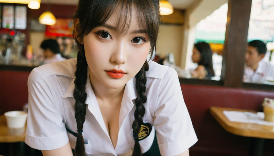 Tags: 21872187, SDXL
{"3": {"inputs": {"seed": 270171606257934, "steps": 32, "cfg": 5.52, "sampler_name": "dpmpp_2m", "scheduler": "karras", "denoise": 1.0, "model": ["27", 0], "positive": ["6", 0], "negative": ["7", 0], "latent_image": ["5", 0]}, "class_type": "KSampler"}, "4": {"inputs": {"ckpt_name": "helloworldxl.safetensors"}, "class_type": "CheckpointLoaderSimple"}, "5": {"inputs": {"width": 1344, "height": 768, "batch_size": 1}, "class_type": "EmptyLatentImage"}, "6": {"inputs": {"text": "19 year old girl, (korean:1.01), (ukrainian:1.06), (irish:1.04), (seductive pose:0.97), (detailed face:1.06), (blush:0.98), (cute:1.06), (double eyelids:1.04), (seductive facial expression:1.07), (temptress:1.01), (slim:0.97), (pale skin:0.95), (sexy lips:0.99), (eyelashes:1.11), (idol:1.07), (beautiful eyes:1.11), (in a seductive pose:1.11), (large perky breasts:1.02), (cleavage:1.12), (thigh gap:1.02), (a waitress in uniform:1.10) working at a restaurant, (candid cinema:1.01), (natural looking skin:1.01), (textured skin:1.02), (soft lighting:1.04), (RAW:1.07), (skin fuzz:1.05), (portra:1.04), (detailed skin:1.05), (film:1.03)", "clip": ["27", 1]}, "class_type": "CLIPTextEncode"}, "7": {"inputs": {"text": "(worst quality:1.11), (distorted:1.05), (low resolution:1.09), (bad hands:1.05), (open mouth:1.06), (watermark:1.06)", "clip": ["27", 1]}, "class_type": "CLIPTextEncode"}, "8": {"inputs": {"samples": ["3", 0], "vae": ["4", 2]}, "class_type": "VAEDecode"}, "25": {"inputs": {"lora_name": "nudify_xl.safetensors", "strength_model": 0.05, "strength_clip": 0.23, "model": ["4", 0], "clip": ["4", 1]}, "class_type": "LoraLoader"}, "26": {"inputs": {"lora_name": "shirtlift_SDXL_v2.safetensors", "strength_model": 0.14, "strength_clip": 0.04, "model": ["25", 0], "clip": ["25", 1]}, "class_type": "LoraLoader"}, "27": {"inputs": {"lora_name": "PerfectEyesXL.safetensors", "strength_model": 0.05, "strength_clip": 0.08, "model": ["26", 0], "clip": ["26", 1]}, "class_type": "LoraLoader"}, "30": {"inputs": {"model_name": "4x_NMKD-Superscale-SP_178000_G.pth"}, "class_type": "UpscaleModelLoader"}, "31": {"inputs": {"upscale_model": ["30", 0], "image": ["8", 0]}, "class_type": "ImageUpscaleWithModel"}, "32": {"inputs": {"upscale_method": "lanczos", "scale_by": 0.5, "image": ["31", 0]}, "class_type": "ImageScaleBy"}, "33": {"inputs": {"pixels": ["32", 0], "vae": ["4", 2]}, "class_type": "VAEEncode"}, "34": {"inputs": {"seed": 270171606257934, "steps": 32, "cfg": 5.52, "sampler_name": "dpmpp_2m", "scheduler": "karras", "denoise": 0.3, "model": ["27", 0], "positive": ["6", 0], "negative": ["7", 0], "latent_image": ["33", 0]}, "class_type": "KSampler"}, "36": {"inputs": {"samples": ["34", 0], "vae": ["4", 2]}, "class_type": "VAEDecode"}, "39": {"inputs": {"filename_prefix": "comfyapi-1718214700405", "images": ["36", 0]}, "class_type": "SaveImage"}}