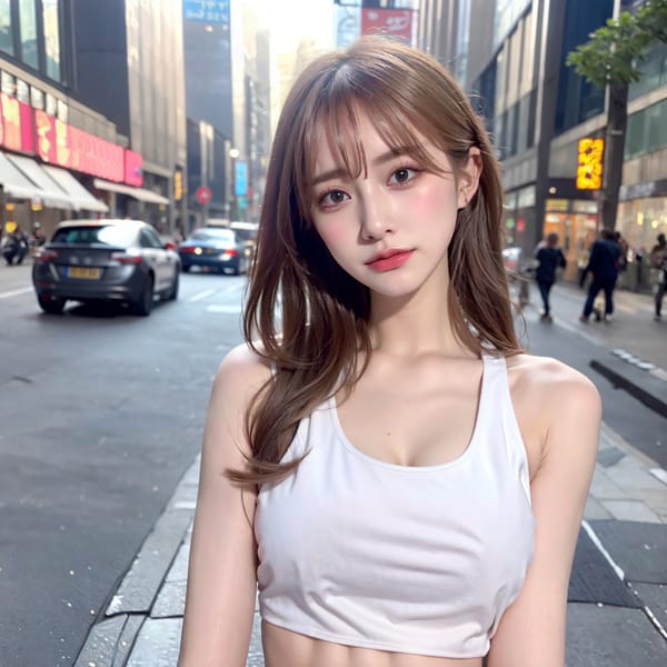 Tags: 21872187
<lora:mix4:0.34>, <lora:JapaneseDollLikeness_v15:0.65>, <lora:koreanDollLikeness:0.37>, <lora:YaeMiko_Test:0.43>, (ukrainian:1.06), (white tank top:1.11), (large breasts:1.07), busy street in urban city, (seductive pose:0.93), extremely detailed face, (photorealistic:1.09), sexy lips, seductive smile, double eyelids, eyelashes, full body portrait, 4K, best quality, (long slim legs:1.19), blush, delicate and beautiful girl
Negative prompt: anime, (worst quality:1.97)
Steps: 32, Sampler: DPM++ 2M Karras, CFG scale: 6.93, Seed: 3288114472, Size: 512x512, Model hash: fc2511737a, Model: chilloutmix_NiPrunedFp32Fix, Seed resize from: -1x-1, Denoising strength: 0.5, Version: v1.2.1, Hires upscale: 4.0, Hires steps: 16, Hires upscaler: ESRGAN_4x