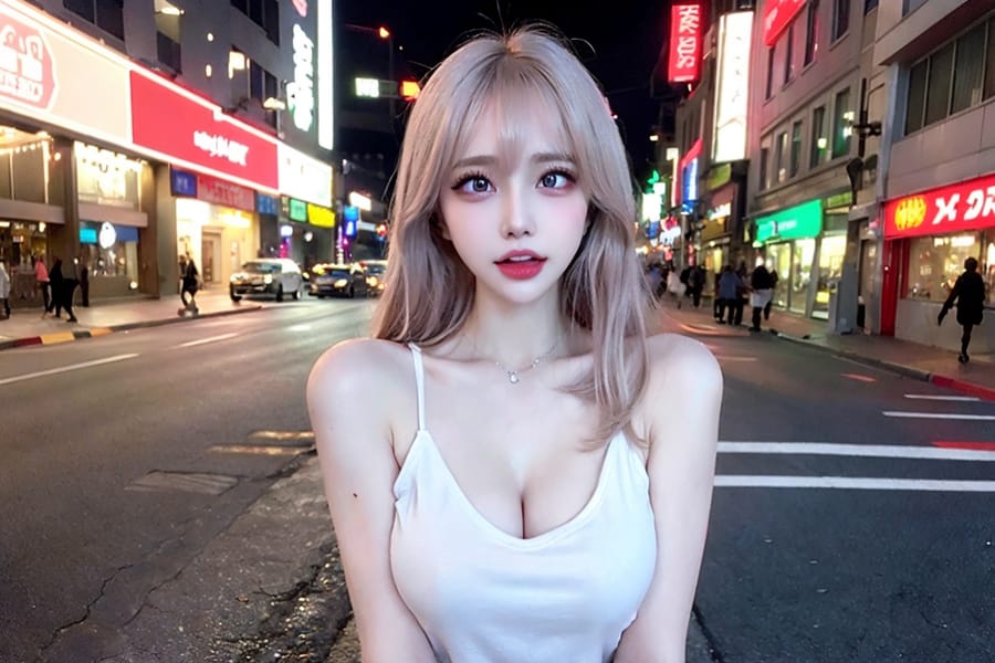 Tags: 21872187
<lora:JapaneseDollLikeness_v15:0.42>, <lora:koreanDollLikeness:0.72>, <lora:YaeMiko_Test:0.54>, (white tank top:0.91), (large breasts:1.01), busy street in urban city, <lora:ahegao-x-v4:0.49>, ahegao face, pleasure, extremely detailed eyes, extremely detailed face, cute, seductive smile, eyelashes, pale skin, perky breasts, full body portrait, textured skin, 4K, best quality, hyper realistic, tall, (long slim legs:1.18), (thigh gap:1.07), blush, delicate and beautiful girl, 1girl
Negative prompt: drawings, (worst quality:1.90)
Steps: 32, Sampler: DPM++ 2M Karras, CFG scale: 5.35, Seed: 170743027, Size: 768x512, Model hash: fc2511737a, Model: chilloutmix_NiPrunedFp32Fix, Seed resize from: -1x-1, Denoising strength: 0.35, Version: v1.2.1, Hires upscale: 2.0, Hires steps: 16, Hires upscaler: ESRGAN_4x