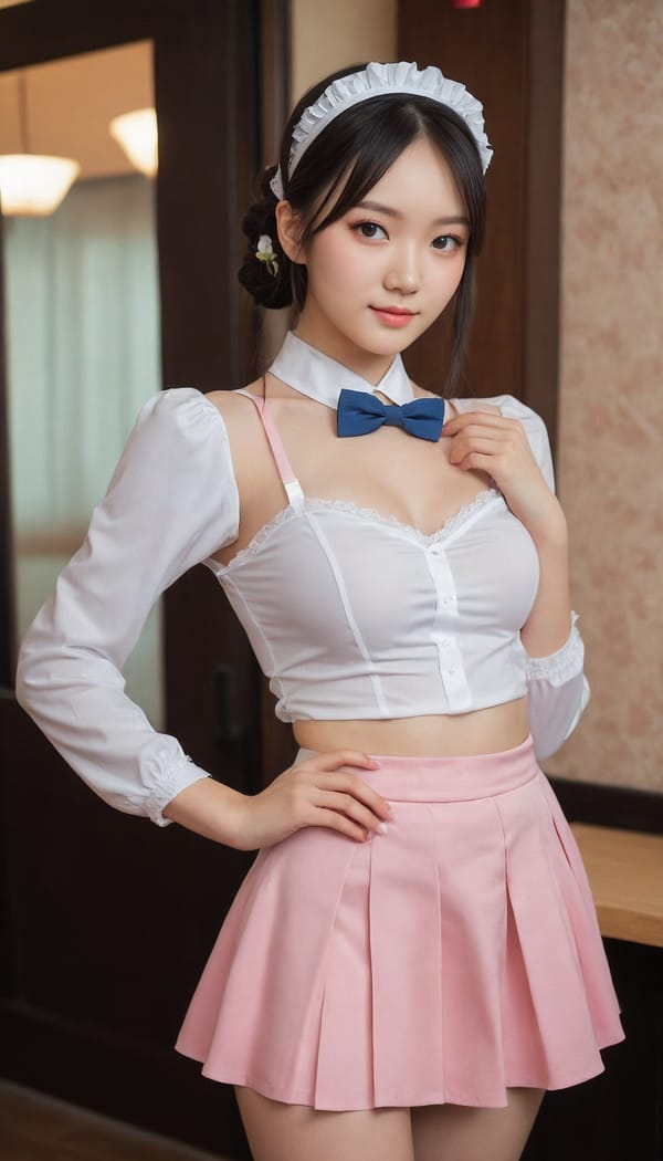 Tags: 21872187, SDXL
{"3": {"inputs": {"seed": 690105535705531, "steps": 32, "cfg": 5.31, "sampler_name": "dpmpp_2m", "scheduler": "karras", "denoise": 1.0, "model": ["27", 0], "positive": ["6", 0], "negative": ["7", 0], "latent_image": ["5", 0]}, "class_type": "KSampler"}, "4": {"inputs": {"ckpt_name": "juggernautXL_v8Rundiffusion.safetensors"}, "class_type": "CheckpointLoaderSimple"}, "5": {"inputs": {"width": 768, "height": 1344, "batch_size": 1}, "class_type": "EmptyLatentImage"}, "6": {"inputs": {"text": "28 year old girl, (chinese:0.95), (ukrainian:1.09), (beautiful eyes:1.08), (eyelashes:1.06), (slim:1.00), (idol:0.96), (blush:0.98), (cute:1.02), (seductive facial expression:1.05), (sexy lips:1.02), (seductive pose:0.99), (temptress:1.04), (double eyelids:0.95), (detailed face:1.08), (pale skin:1.00), (perky ass:1.05), (exposed ass:0.97), (looking back:1.13), (sexy ass:0.97), (thigh gap:1.10), in a (skimpy maid costume:1.04) working at a maid cafe, choker, bowtie, headband, pleated skirt, (textured skin:1.02), (candid cinema:1.01), (detailed skin:1.08), (portra:1.03), (natural looking skin:1.08), (film:1.04), (RAW:1.09), (skin fuzz:1.05), (soft lighting:1.08)", "clip": ["27", 1]}, "class_type": "CLIPTextEncode"}, "7": {"inputs": {"text": "(watermark:1.11), (open mouth:1.08), (worst quality:1.07), (low resolution:1.13), (distorted:1.13), (twisted:1.09), (bad hands:1.05)", "clip": ["27", 1]}, "class_type": "CLIPTextEncode"}, "8": {"inputs": {"samples": ["3", 0], "vae": ["4", 2]}, "class_type": "VAEDecode"}, "25": {"inputs": {"lora_name": "nudify_xl.safetensors", "strength_model": 0.08, "strength_clip": 0.37, "model": ["4", 0], "clip": ["4", 1]}, "class_type": "LoraLoader"}, "26": {"inputs": {"lora_name": "shirtlift_SDXL_v2.safetensors", "strength_model": 0.19, "strength_clip": 0.02, "model": ["25", 0], "clip": ["25", 1]}, "class_type": "LoraLoader"}, "27": {"inputs": {"lora_name": "PerfectEyesXL.safetensors", "strength_model": 0.02, "strength_clip": 0.08, "model": ["26", 0], "clip": ["26", 1]}, "class_type": "LoraLoader"}, "30": {"inputs": {"model_name": "4x_NMKD-Superscale-SP_178000_G.pth"}, "class_type": "UpscaleModelLoader"}, "31": {"inputs": {"upscale_model": ["30", 0], "image": ["8", 0]}, "class_type": "ImageUpscaleWithModel"}, "32": {"inputs": {"upscale_method": "lanczos", "scale_by": 0.5, "image": ["31", 0]}, "class_type": "ImageScaleBy"}, "33": {"inputs": {"pixels": ["32", 0], "vae": ["4", 2]}, "class_type": "VAEEncode"}, "34": {"inputs": {"seed": 690105535705531, "steps": 32, "cfg": 5.31, "sampler_name": "dpmpp_2m", "scheduler": "karras", "denoise": 0.3, "model": ["27", 0], "positive": ["6", 0], "negative": ["7", 0], "latent_image": ["33", 0]}, "class_type": "KSampler"}, "36": {"inputs": {"samples": ["34", 0], "vae": ["4", 2]}, "class_type": "VAEDecode"}, "39": {"inputs": {"filename_prefix": "comfyapi-1708193694937", "images": ["36", 0]}, "class_type": "SaveImage"}}