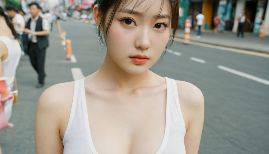 Tags: 21872187, SDXL
{"3": {"inputs": {"seed": 572208801968481, "steps": 64, "cfg": 5.38, "sampler_name": "dpmpp_2m", "scheduler": "karras", "denoise": 1.0, "model": ["27", 0], "positive": ["6", 0], "negative": ["7", 0], "latent_image": ["5", 0]}, "class_type": "KSampler"}, "4": {"inputs": {"ckpt_name": "helloworldxl.safetensors"}, "class_type": "CheckpointLoaderSimple"}, "5": {"inputs": {"width": 1344, "height": 768, "batch_size": 1}, "class_type": "EmptyLatentImage"}, "6": {"inputs": {"text": "18 year old girl, (korean:1.07), (sexy lips:0.97), (detailed face:1.12), (eyelashes:1.06), (temptress:1.04), (beautiful eyes:1.06), (idol:1.02), (pale skin:1.05), (blush:1.02), (double eyelids:1.05), (seductive pose:0.97), (seductive facial expression:0.96), (cute:1.07), (in a seductive pose:1.04), (large perky breasts:0.99), (cleavage:1.02), (thigh gap:1.11), (white tanktop:1.08), busy street, (film:1.04), (skin fuzz:1.02), (candid cinema:1.00), (RAW:1.05), (portra:1.02), (soft lighting:1.05), (detailed skin:1.04), (natural looking skin:1.05), (textured skin:1.03)", "clip": ["27", 1]}, "class_type": "CLIPTextEncode"}, "7": {"inputs": {"text": "(worst quality:1.08), (open mouth:1.10), (distorted:1.10), (twisted:1.05), (watermark:1.14), (bad hands:1.09), (low resolution:1.09)", "clip": ["27", 1]}, "class_type": "CLIPTextEncode"}, "8": {"inputs": {"samples": ["3", 0], "vae": ["4", 2]}, "class_type": "VAEDecode"}, "25": {"inputs": {"lora_name": "nudify_xl.safetensors", "strength_model": 0.19, "strength_clip": 0.05, "model": ["4", 0], "clip": ["4", 1]}, "class_type": "LoraLoader"}, "26": {"inputs": {"lora_name": "shirtlift_SDXL_v2.safetensors", "strength_model": 0.01, "strength_clip": 0.0, "model": ["25", 0], "clip": ["25", 1]}, "class_type": "LoraLoader"}, "27": {"inputs": {"lora_name": "PerfectEyesXL.safetensors", "strength_model": 0.14, "strength_clip": 0.08, "model": ["26", 0], "clip": ["26", 1]}, "class_type": "LoraLoader"}, "30": {"inputs": {"model_name": "4x_NMKD-Superscale-SP_178000_G.pth"}, "class_type": "UpscaleModelLoader"}, "31": {"inputs": {"upscale_model": ["30", 0], "image": ["8", 0]}, "class_type": "ImageUpscaleWithModel"}, "32": {"inputs": {"upscale_method": "lanczos", "scale_by": 0.5, "image": ["31", 0]}, "class_type": "ImageScaleBy"}, "33": {"inputs": {"pixels": ["32", 0], "vae": ["4", 2]}, "class_type": "VAEEncode"}, "34": {"inputs": {"seed": 572208801968481, "steps": 64, "cfg": 5.38, "sampler_name": "dpmpp_2m", "scheduler": "karras", "denoise": 0.3, "model": ["27", 0], "positive": ["6", 0], "negative": ["7", 0], "latent_image": ["33", 0]}, "class_type": "KSampler"}, "36": {"inputs": {"samples": ["34", 0], "vae": ["4", 2]}, "class_type": "VAEDecode"}, "39": {"inputs": {"filename_prefix": "comfyapi-1717608987410", "images": ["36", 0]}, "class_type": "SaveImage"}}