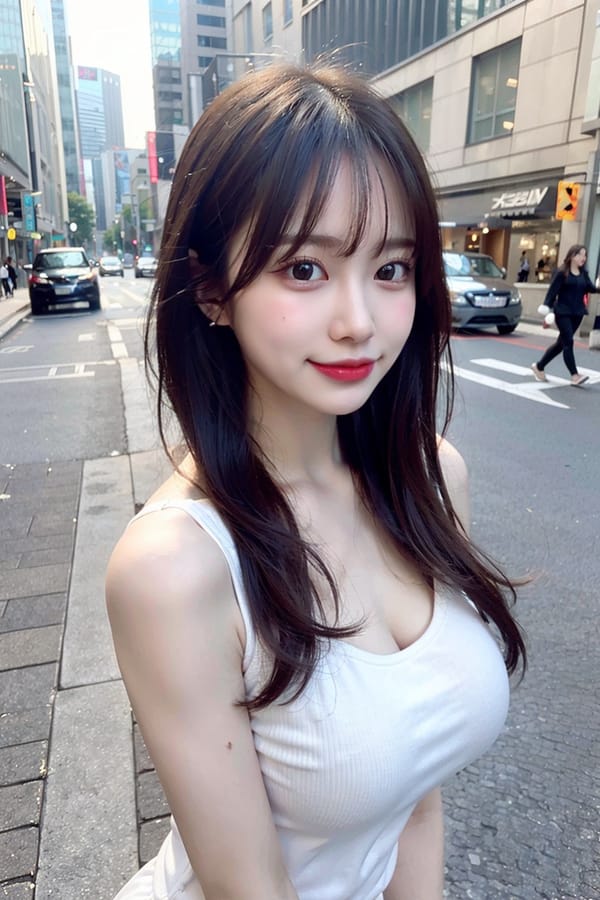 Tags: 21872187
<lora:mix4:0.30>, <lora:JapaneseDollLikeness_v15:0.78>, <lora:koreanDollLikeness:0.49>, (white tank top:0.91), (large breasts:1.17), busy street in urban city, (seductive pose:1.03), extremely detailed eyes, extremely detailed face, cute, sexy lips, seductive smile, double eyelids, pale skin, perky breasts, full body portrait, textured skin, 4K, tall, (long slim legs:1.02), blush, delicate and beautiful girl, solo, (stunningly attractive:1.04)
Negative prompt: drawings, sketches, paintings, anime, ugly, (low quality:2.03), (normal quality:2.12), (worst quality:2.04)
Steps: 48, Sampler: DPM++ 2M Karras, CFG scale: 6.63, Seed: 2196096327, Size: 512x768, Model hash: fc2511737a, Model: chilloutmix_NiPrunedFp32Fix, Seed resize from: -1x-1, Denoising strength: 0.4, Version: v1.2.1, Hires upscale: 2.0, Hires steps: 16, Hires upscaler: ESRGAN_4x