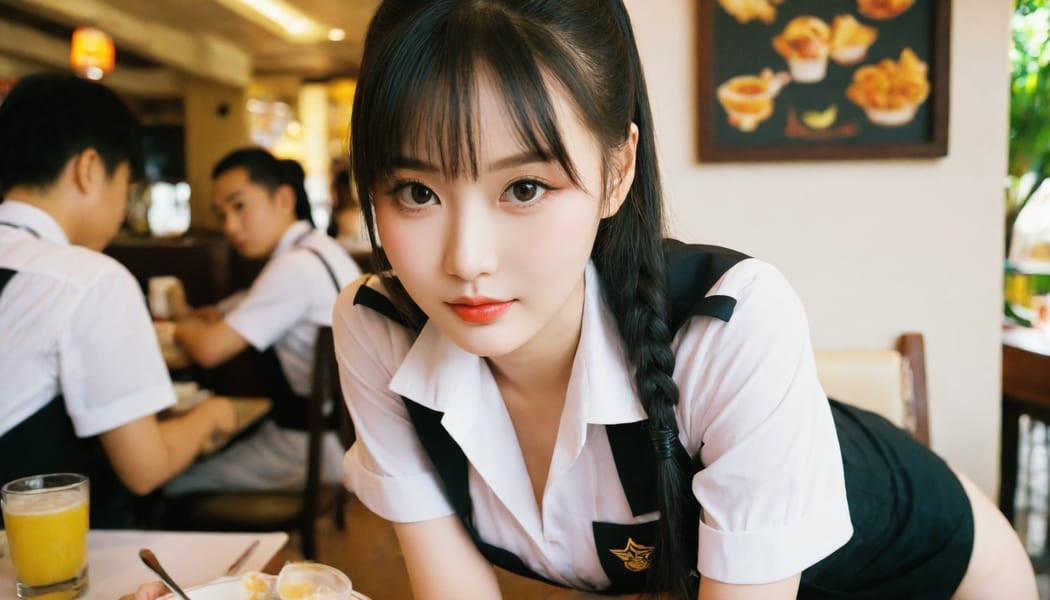 Tags: 21872187, SDXL
{"3": {"inputs": {"seed": 627741933540548, "steps": 64, "cfg": 5.19, "sampler_name": "dpmpp_2m", "scheduler": "karras", "denoise": 1.0, "model": ["27", 0], "positive": ["6", 0], "negative": ["7", 0], "latent_image": ["5", 0]}, "class_type": "KSampler"}, "4": {"inputs": {"ckpt_name": "helloworldxl.safetensors"}, "class_type": "CheckpointLoaderSimple"}, "5": {"inputs": {"width": 1344, "height": 768, "batch_size": 1}, "class_type": "EmptyLatentImage"}, "6": {"inputs": {"text": "21 year old girl, (chinese:1.12), (temptress:1.05), (beautiful eyes:0.95), (idol:1.10), (seductive facial expression:1.12), (blush:1.05), (pale skin:1.09), (slim:0.99), (sexy lips:1.07), (cute:1.06), (double eyelids:0.98), (eyelashes:0.95), (detailed face:1.13), (seductive pose:1.10), (in a seductive pose:1.00), (large perky breasts:1.02), (cleavage:0.99), (thigh gap:1.14), (a waitress in uniform:1.14) working at a restaurant, (film:1.08), (soft lighting:1.02), (natural looking skin:1.06), (RAW:1.07), (portra:1.08), (skin fuzz:1.00), (candid cinema:1.04), (textured skin:1.01), (detailed skin:1.07)", "clip": ["27", 1]}, "class_type": "CLIPTextEncode"}, "7": {"inputs": {"text": "(watermark:1.13), (distorted:1.07), (worst quality:1.12), (open mouth:1.11), (twisted:1.09), (bad hands:1.08), (low resolution:1.11)", "clip": ["27", 1]}, "class_type": "CLIPTextEncode"}, "8": {"inputs": {"samples": ["3", 0], "vae": ["4", 2]}, "class_type": "VAEDecode"}, "25": {"inputs": {"lora_name": "nudify_xl.safetensors", "strength_model": 0.38, "strength_clip": 0.2, "model": ["4", 0], "clip": ["4", 1]}, "class_type": "LoraLoader"}, "26": {"inputs": {"lora_name": "shirtlift_SDXL_v2.safetensors", "strength_model": 0.03, "strength_clip": 0.1, "model": ["25", 0], "clip": ["25", 1]}, "class_type": "LoraLoader"}, "27": {"inputs": {"lora_name": "PerfectEyesXL.safetensors", "strength_model": 0.13, "strength_clip": 0.01, "model": ["26", 0], "clip": ["26", 1]}, "class_type": "LoraLoader"}, "30": {"inputs": {"model_name": "4x_NMKD-Superscale-SP_178000_G.pth"}, "class_type": "UpscaleModelLoader"}, "31": {"inputs": {"upscale_model": ["30", 0], "image": ["8", 0]}, "class_type": "ImageUpscaleWithModel"}, "32": {"inputs": {"upscale_method": "lanczos", "scale_by": 0.5, "image": ["31", 0]}, "class_type": "ImageScaleBy"}, "33": {"inputs": {"pixels": ["32", 0], "vae": ["4", 2]}, "class_type": "VAEEncode"}, "34": {"inputs": {"seed": 627741933540548, "steps": 64, "cfg": 5.19, "sampler_name": "dpmpp_2m", "scheduler": "karras", "denoise": 0.3, "model": ["27", 0], "positive": ["6", 0], "negative": ["7", 0], "latent_image": ["33", 0]}, "class_type": "KSampler"}, "36": {"inputs": {"samples": ["34", 0], "vae": ["4", 2]}, "class_type": "VAEDecode"}, "39": {"inputs": {"filename_prefix": "comfyapi-1716382001913", "images": ["36", 0]}, "class_type": "SaveImage"}}