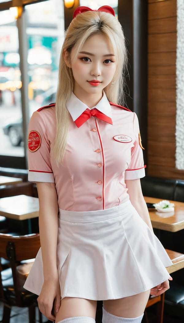 Tags: 21872187, SDXL
{"3": {"inputs": {"seed": 217970532435049, "steps": 64, "cfg": 6.96, "sampler_name": "dpmpp_2m", "scheduler": "karras", "denoise": 1.0, "model": ["27", 0], "positive": ["6", 0], "negative": ["7", 0], "latent_image": ["5", 0]}, "class_type": "KSampler"}, "4": {"inputs": {"ckpt_name": "juggernautxl.safetensors"}, "class_type": "CheckpointLoaderSimple"}, "5": {"inputs": {"width": 768, "height": 1344, "batch_size": 1}, "class_type": "EmptyLatentImage"}, "6": {"inputs": {"text": "21 year old girl, (blush:1.13), (sexy lips:1.03), (detailed face:0.97), (double eyelids:0.97), (slim:1.00), (cute:0.96), (pale skin:1.03), (seductive pose:1.11), (beautiful eyes:0.95), (idol:1.00), (seductive facial expression:0.95), (perky ass:1.13), (exposed ass:0.97), (looking back:1.04), (sexy ass:1.03), (thigh gap:1.04), (a waitress in uniform:1.10) working at a restaurant, (portra:1.03), (film:1.07), (RAW:1.05), (detailed skin:1.09), (textured skin:1.05), (candid cinema:1.07), (soft lighting:1.02), (natural looking skin:1.06), (skin fuzz:1.05)", "clip": ["27", 1]}, "class_type": "CLIPTextEncode"}, "7": {"inputs": {"text": "(distorted:1.10), (bad hands:1.10), (watermark:1.06), (open mouth:1.13), (low resolution:1.07), (worst quality:1.05), (twisted:1.09)", "clip": ["27", 1]}, "class_type": "CLIPTextEncode"}, "8": {"inputs": {"samples": ["3", 0], "vae": ["4", 2]}, "class_type": "VAEDecode"}, "25": {"inputs": {"lora_name": "nudify_xl.safetensors", "strength_model": 0.09, "strength_clip": 0.26, "model": ["4", 0], "clip": ["4", 1]}, "class_type": "LoraLoader"}, "26": {"inputs": {"lora_name": "shirtlift_SDXL_v2.safetensors", "strength_model": 0.05, "strength_clip": 0.05, "model": ["25", 0], "clip": ["25", 1]}, "class_type": "LoraLoader"}, "27": {"inputs": {"lora_name": "PerfectEyesXL.safetensors", "strength_model": 0.18, "strength_clip": 0.14, "model": ["26", 0], "clip": ["26", 1]}, "class_type": "LoraLoader"}, "30": {"inputs": {"model_name": "4x_NMKD-Superscale-SP_178000_G.pth"}, "class_type": "UpscaleModelLoader"}, "31": {"inputs": {"upscale_model": ["30", 0], "image": ["8", 0]}, "class_type": "ImageUpscaleWithModel"}, "32": {"inputs": {"upscale_method": "lanczos", "scale_by": 0.5, "image": ["31", 0]}, "class_type": "ImageScaleBy"}, "33": {"inputs": {"pixels": ["32", 0], "vae": ["4", 2]}, "class_type": "VAEEncode"}, "34": {"inputs": {"seed": 217970532435049, "steps": 64, "cfg": 6.96, "sampler_name": "dpmpp_2m", "scheduler": "karras", "denoise": 0.3, "model": ["27", 0], "positive": ["6", 0], "negative": ["7", 0], "latent_image": ["33", 0]}, "class_type": "KSampler"}, "36": {"inputs": {"samples": ["34", 0], "vae": ["4", 2]}, "class_type": "VAEDecode"}, "39": {"inputs": {"filename_prefix": "comfyapi-1724112812960", "images": ["36", 0]}, "class_type": "SaveImage"}}