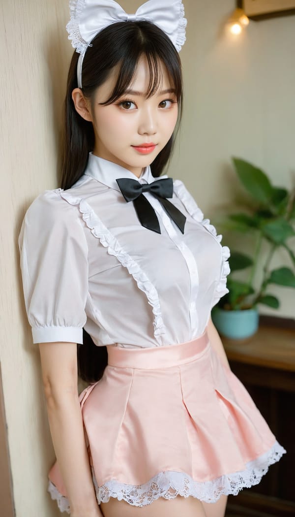 Tags: 21872187, SDXL
{"3": {"inputs": {"seed": 123259729571265, "steps": 32, "cfg": 6.71, "sampler_name": "dpmpp_2m", "scheduler": "karras", "denoise": 1.0, "model": ["27", 0], "positive": ["6", 0], "negative": ["7", 0], "latent_image": ["5", 0]}, "class_type": "KSampler"}, "4": {"inputs": {"ckpt_name": "juggernautxl.safetensors"}, "class_type": "CheckpointLoaderSimple"}, "5": {"inputs": {"width": 768, "height": 1344, "batch_size": 1}, "class_type": "EmptyLatentImage"}, "6": {"inputs": {"text": "24 year old girl, (korean:1.02), (ukrainian:0.96), (taiwanese:1.04), (double eyelids:1.12), (sexy lips:0.98), (cute:1.13), (idol:1.14), (beautiful eyes:0.97), (detailed face:0.99), (eyelashes:0.96), (seductive pose:0.96), (slim:1.00), (temptress:1.10), (pale skin:1.12), (blush:1.13), (seductive facial expression:1.07), (perky ass:1.00), (exposed ass:1.03), (looking back:1.14), (sexy ass:1.02), (thigh gap:1.01), in a (skimpy maid costume:0.99) working at a maid cafe, choker, bowtie, headband, pleated skirt, (skin fuzz:1.07), (soft lighting:1.06), (textured skin:1.00), (candid cinema:1.08), (natural looking skin:1.05), (film:1.08), (detailed skin:1.05), (portra:1.09), (RAW:1.01)", "clip": ["27", 1]}, "class_type": "CLIPTextEncode"}, "7": {"inputs": {"text": "(twisted:1.08), (distorted:1.07), (open mouth:1.08), (watermark:1.12), (bad hands:1.14), (worst quality:1.08), (low resolution:1.10)", "clip": ["27", 1]}, "class_type": "CLIPTextEncode"}, "8": {"inputs": {"samples": ["3", 0], "vae": ["4", 2]}, "class_type": "VAEDecode"}, "25": {"inputs": {"lora_name": "nudify_xl.safetensors", "strength_model": 0.03, "strength_clip": 0.31, "model": ["4", 0], "clip": ["4", 1]}, "class_type": "LoraLoader"}, "26": {"inputs": {"lora_name": "shirtlift_SDXL_v2.safetensors", "strength_model": 0.19, "strength_clip": 0.02, "model": ["25", 0], "clip": ["25", 1]}, "class_type": "LoraLoader"}, "27": {"inputs": {"lora_name": "PerfectEyesXL.safetensors", "strength_model": 0.02, "strength_clip": 0.03, "model": ["26", 0], "clip": ["26", 1]}, "class_type": "LoraLoader"}, "30": {"inputs": {"model_name": "4x_NMKD-Superscale-SP_178000_G.pth"}, "class_type": "UpscaleModelLoader"}, "31": {"inputs": {"upscale_model": ["30", 0], "image": ["8", 0]}, "class_type": "ImageUpscaleWithModel"}, "32": {"inputs": {"upscale_method": "lanczos", "scale_by": 0.5, "image": ["31", 0]}, "class_type": "ImageScaleBy"}, "33": {"inputs": {"pixels": ["32", 0], "vae": ["4", 2]}, "class_type": "VAEEncode"}, "34": {"inputs": {"seed": 123259729571265, "steps": 32, "cfg": 6.71, "sampler_name": "dpmpp_2m", "scheduler": "karras", "denoise": 0.3, "model": ["27", 0], "positive": ["6", 0], "negative": ["7", 0], "latent_image": ["33", 0]}, "class_type": "KSampler"}, "36": {"inputs": {"samples": ["34", 0], "vae": ["4", 2]}, "class_type": "VAEDecode"}, "39": {"inputs": {"filename_prefix": "comfyapi-1726532205959", "images": ["36", 0]}, "class_type": "SaveImage"}}