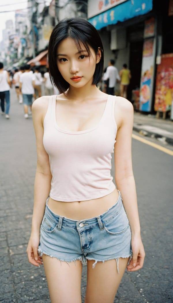 Tags: 21872187, SDXL
{"3": {"inputs": {"seed": 765144250321682, "steps": 32, "cfg": 5.8, "sampler_name": "dpmpp_2m", "scheduler": "karras", "denoise": 1.0, "model": ["27", 0], "positive": ["6", 0], "negative": ["7", 0], "latent_image": ["5", 0]}, "class_type": "KSampler"}, "4": {"inputs": {"ckpt_name": "helloworldxl.safetensors"}, "class_type": "CheckpointLoaderSimple"}, "5": {"inputs": {"width": 768, "height": 1344, "batch_size": 1}, "class_type": "EmptyLatentImage"}, "6": {"inputs": {"text": "24 year old girl, (taiwanese:1.06), (blush:1.14), (slim:0.99), (temptress:1.00), (seductive pose:0.97), (pale skin:1.09), (cute:1.11), (seductive facial expression:0.99), (eyelashes:0.96), (detailed face:1.01), (idol:0.99), (double eyelids:1.06), (sexy lips:1.02), (in a seductive pose:1.11), (large perky breasts:0.95), (cleavage:0.97), (thigh gap:0.99), (white tanktop:1.10), busy street, (film:1.02), (portra:1.09), (natural looking skin:1.03), (candid cinema:1.03), (RAW:1.02), (skin fuzz:1.04), (soft lighting:1.09), (detailed skin:1.01), (textured skin:1.03)", "clip": ["27", 1]}, "class_type": "CLIPTextEncode"}, "7": {"inputs": {"text": "(watermark:1.09), (distorted:1.05), (low resolution:1.14), (twisted:1.05), (bad hands:1.12), (worst quality:1.12), (open mouth:1.11)", "clip": ["27", 1]}, "class_type": "CLIPTextEncode"}, "8": {"inputs": {"samples": ["3", 0], "vae": ["4", 2]}, "class_type": "VAEDecode"}, "25": {"inputs": {"lora_name": "nudify_xl.safetensors", "strength_model": 0.01, "strength_clip": 0.0, "model": ["4", 0], "clip": ["4", 1]}, "class_type": "LoraLoader"}, "26": {"inputs": {"lora_name": "shirtlift_SDXL_v2.safetensors", "strength_model": 0.08, "strength_clip": 0.18, "model": ["25", 0], "clip": ["25", 1]}, "class_type": "LoraLoader"}, "27": {"inputs": {"lora_name": "PerfectEyesXL.safetensors", "strength_model": 0.12, "strength_clip": 0.18, "model": ["26", 0], "clip": ["26", 1]}, "class_type": "LoraLoader"}, "30": {"inputs": {"model_name": "4x_NMKD-Superscale-SP_178000_G.pth"}, "class_type": "UpscaleModelLoader"}, "31": {"inputs": {"upscale_model": ["30", 0], "image": ["8", 0]}, "class_type": "ImageUpscaleWithModel"}, "32": {"inputs": {"upscale_method": "lanczos", "scale_by": 0.5, "image": ["31", 0]}, "class_type": "ImageScaleBy"}, "33": {"inputs": {"pixels": ["32", 0], "vae": ["4", 2]}, "class_type": "VAEEncode"}, "34": {"inputs": {"seed": 765144250321682, "steps": 32, "cfg": 5.8, "sampler_name": "dpmpp_2m", "scheduler": "karras", "denoise": 0.3, "model": ["27", 0], "positive": ["6", 0], "negative": ["7", 0], "latent_image": ["33", 0]}, "class_type": "KSampler"}, "36": {"inputs": {"samples": ["34", 0], "vae": ["4", 2]}, "class_type": "VAEDecode"}, "39": {"inputs": {"filename_prefix": "comfyapi-1714089112374", "images": ["36", 0]}, "class_type": "SaveImage"}}