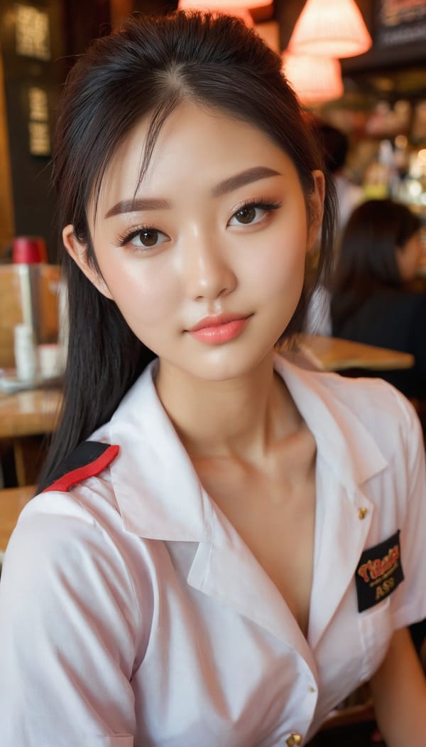 Tags: 21872187, SDXL
{"3": {"inputs": {"seed": 732911533675340, "steps": 32, "cfg": 6.36, "sampler_name": "dpmpp_2m", "scheduler": "karras", "denoise": 1.0, "model": ["27", 0], "positive": ["6", 0], "negative": ["7", 0], "latent_image": ["5", 0]}, "class_type": "KSampler"}, "4": {"inputs": {"ckpt_name": "juggernautxl.safetensors"}, "class_type": "CheckpointLoaderSimple"}, "5": {"inputs": {"width": 768, "height": 1344, "batch_size": 1}, "class_type": "EmptyLatentImage"}, "6": {"inputs": {"text": "23 year old girl, (double eyelids:1.00), (cute:1.08), (temptress:1.12), (seductive facial expression:0.98), (eyelashes:1.11), (sexy lips:0.97), (slim:1.14), (beautiful eyes:1.11), (blush:1.12), (detailed face:1.06), (idol:1.07), (seductive pose:1.05), (perky ass:1.10), (exposed ass:1.04), (looking back:0.99), (sexy ass:1.10), (thigh gap:1.06), (a waitress in uniform:0.97) working at a restaurant, (film:1.05), (skin fuzz:1.09), (portra:1.09), (candid cinema:1.03), (detailed skin:1.00), (natural looking skin:1.01), (soft lighting:1.05), (textured skin:1.08), (RAW:1.02)", "clip": ["27", 1]}, "class_type": "CLIPTextEncode"}, "7": {"inputs": {"text": "(open mouth:1.11), (watermark:1.11), (low resolution:1.09), (bad hands:1.09), (worst quality:1.05)", "clip": ["27", 1]}, "class_type": "CLIPTextEncode"}, "8": {"inputs": {"samples": ["3", 0], "vae": ["4", 2]}, "class_type": "VAEDecode"}, "25": {"inputs": {"lora_name": "nudify_xl.safetensors", "strength_model": 0.05, "strength_clip": 0.32, "model": ["4", 0], "clip": ["4", 1]}, "class_type": "LoraLoader"}, "26": {"inputs": {"lora_name": "shirtlift_SDXL_v2.safetensors", "strength_model": 0.05, "strength_clip": 0.01, "model": ["25", 0], "clip": ["25", 1]}, "class_type": "LoraLoader"}, "27": {"inputs": {"lora_name": "PerfectEyesXL.safetensors", "strength_model": 0.11, "strength_clip": 0.06, "model": ["26", 0], "clip": ["26", 1]}, "class_type": "LoraLoader"}, "30": {"inputs": {"model_name": "4x_NMKD-Superscale-SP_178000_G.pth"}, "class_type": "UpscaleModelLoader"}, "31": {"inputs": {"upscale_model": ["30", 0], "image": ["8", 0]}, "class_type": "ImageUpscaleWithModel"}, "32": {"inputs": {"upscale_method": "lanczos", "scale_by": 0.5, "image": ["31", 0]}, "class_type": "ImageScaleBy"}, "33": {"inputs": {"pixels": ["32", 0], "vae": ["4", 2]}, "class_type": "VAEEncode"}, "34": {"inputs": {"seed": 732911533675340, "steps": 32, "cfg": 6.36, "sampler_name": "dpmpp_2m", "scheduler": "karras", "denoise": 0.3, "model": ["27", 0], "positive": ["6", 0], "negative": ["7", 0], "latent_image": ["33", 0]}, "class_type": "KSampler"}, "36": {"inputs": {"samples": ["34", 0], "vae": ["4", 2]}, "class_type": "VAEDecode"}, "39": {"inputs": {"filename_prefix": "comfyapi-1725211319395", "images": ["36", 0]}, "class_type": "SaveImage"}}