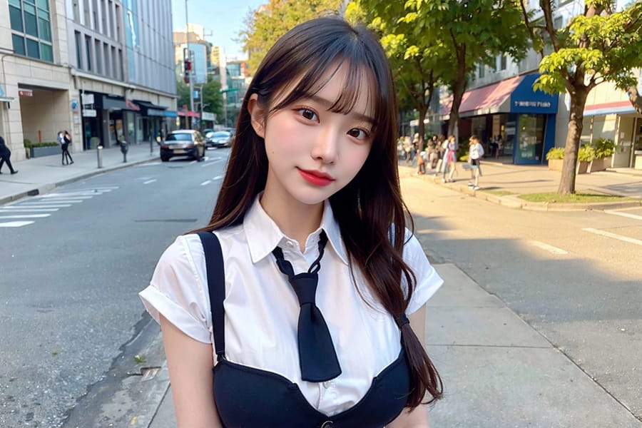 Tags: 21872187
<lora:JapaneseDollLikeness_v15:0.40>, <lora:koreanDollLikeness:0.61>, <lora:taiwanDollLikeness_v20:0.38>, (school uniform:1.05), (large breasts:0.92), choker, busy street in urban city, (seductive pose:0.94), extremely detailed eyes, extremely detailed face, cute, (photorealistic:0.99), sexy lips, seductive smile, double eyelids, eyelashes, pale skin, perky breasts, full body portrait, textured skin, 4K, RAW, best quality, sharp, (thigh gap:1.04), blush, delicate and beautiful girl, 1girl, solo, (dramatic:1.15)
Negative prompt: anime, black and white, ugly, fat, disfigured, (worst quality:2.13)
Steps: 32, Sampler: DPM++ 2M Karras, CFG scale: 6.2, Seed: 3177723473, Size: 768x512, Model hash: fc2511737a, Model: chilloutmix_NiPrunedFp32Fix, Seed resize from: -1x-1, Denoising strength: 0.4, Version: v1.2.1, Hires upscale: 2.5, Hires steps: 32, Hires upscaler: ESRGAN_4x