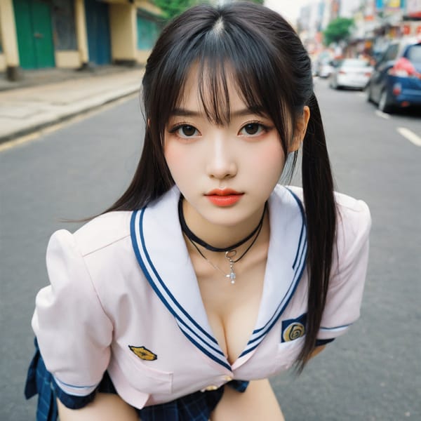 Tags: 21872187, SDXL
{"3": {"inputs": {"seed": 382301069006681, "steps": 64, "cfg": 5.61, "sampler_name": "dpmpp_2m", "scheduler": "karras", "denoise": 1.0, "model": ["27", 0], "positive": ["6", 0], "negative": ["7", 0], "latent_image": ["5", 0]}, "class_type": "KSampler"}, "4": {"inputs": {"ckpt_name": "helloworldxl.safetensors"}, "class_type": "CheckpointLoaderSimple"}, "5": {"inputs": {"width": 1024, "height": 1024, "batch_size": 1}, "class_type": "EmptyLatentImage"}, "6": {"inputs": {"text": "22 year old girl, (chinese:1.05), (korean:1.11), (russian:0.99), (japanese:1.09), (pale skin:1.06), (blush:1.02), (detailed face:0.99), (cute:0.99), (temptress:1.06), (slim:0.99), (seductive facial expression:1.02), (eyelashes:1.01), (double eyelids:0.97), (sexy lips:1.06), (seductive pose:1.10), (beautiful eyes:1.11), (idol:1.12), (in a seductive pose:1.01), (large perky breasts:1.01), (cleavage:1.03), (thigh gap:1.09), (school uniform:1.05), choker, busy street, (skin fuzz:1.02), (portra:1.08), (textured skin:1.01), (natural looking skin:1.03), (soft lighting:1.08), (film:1.05), (detailed skin:1.07), (RAW:1.07), (candid cinema:1.03)", "clip": ["27", 1]}, "class_type": "CLIPTextEncode"}, "7": {"inputs": {"text": "(low resolution:1.12), (watermark:1.12), (worst quality:1.14), (twisted:1.05), (distorted:1.08), (open mouth:1.05), (bad hands:1.13)", "clip": ["27", 1]}, "class_type": "CLIPTextEncode"}, "8": {"inputs": {"samples": ["3", 0], "vae": ["4", 2]}, "class_type": "VAEDecode"}, "25": {"inputs": {"lora_name": "nudify_xl.safetensors", "strength_model": 0.01, "strength_clip": 0.15, "model": ["4", 0], "clip": ["4", 1]}, "class_type": "LoraLoader"}, "26": {"inputs": {"lora_name": "shirtlift_SDXL_v2.safetensors", "strength_model": 0.01, "strength_clip": 0.16, "model": ["25", 0], "clip": ["25", 1]}, "class_type": "LoraLoader"}, "27": {"inputs": {"lora_name": "PerfectEyesXL.safetensors", "strength_model": 0.0, "strength_clip": 0.04, "model": ["26", 0], "clip": ["26", 1]}, "class_type": "LoraLoader"}, "30": {"inputs": {"model_name": "4x_NMKD-Superscale-SP_178000_G.pth"}, "class_type": "UpscaleModelLoader"}, "31": {"inputs": {"upscale_model": ["30", 0], "image": ["8", 0]}, "class_type": "ImageUpscaleWithModel"}, "32": {"inputs": {"upscale_method": "lanczos", "scale_by": 0.5, "image": ["31", 0]}, "class_type": "ImageScaleBy"}, "33": {"inputs": {"pixels": ["32", 0], "vae": ["4", 2]}, "class_type": "VAEEncode"}, "34": {"inputs": {"seed": 382301069006681, "steps": 64, "cfg": 5.61, "sampler_name": "dpmpp_2m", "scheduler": "karras", "denoise": 0.3, "model": ["27", 0], "positive": ["6", 0], "negative": ["7", 0], "latent_image": ["33", 0]}, "class_type": "KSampler"}, "36": {"inputs": {"samples": ["34", 0], "vae": ["4", 2]}, "class_type": "VAEDecode"}, "39": {"inputs": {"filename_prefix": "comfyapi-1728035964384", "images": ["36", 0]}, "class_type": "SaveImage"}}