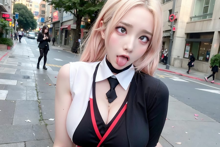 Tags: 21872187
<lora:koreanDollLikeness:0.31>, <lora:taiwanDollLikeness_v20:0.35>, <lora:YaeMiko_Test:0.34>, (school uniform:1.04), (large breasts:0.96), choker, busy street in urban city, <lora:ahegao-x-v4:0.74>, ahegao face, pleasure, extremely detailed eyes, (photorealistic:1.15), sexy lips, seductive smile, double eyelids, pale skin, perky breasts, RAW, hyper realistic, (long slim legs:0.92), blush, 1girl, solo, (dramatic:0.90)
Negative prompt: sketches, disfigured, (worst quality:2.18)
Steps: 32, Sampler: DPM++ 2M Karras, CFG scale: 5.25, Seed: 3621377581, Size: 768x512, Model hash: fc2511737a, Model: chilloutmix_NiPrunedFp32Fix, Seed resize from: -1x-1, Denoising strength: 0.5, Version: v1.2.1, Hires upscale: 2.0, Hires steps: 16, Hires upscaler: ESRGAN_4x