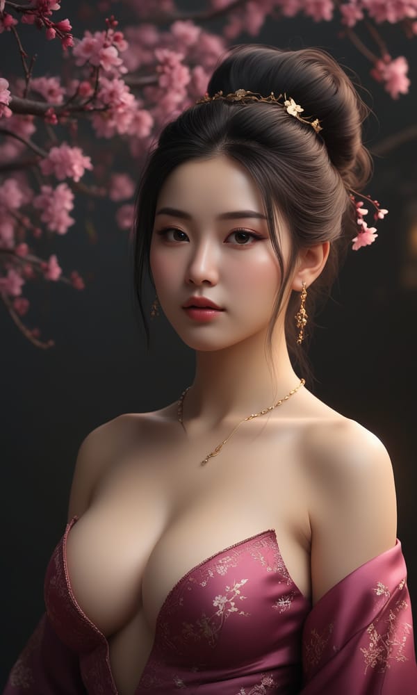Tags: undefined
(cleavage nipple bare breasts nude topless:1.9) , masterpieces, best quality, extreme detailed CG unity 8k wallpaper, 1girl, beautiful, realistic,  long hair, plum blossom, jewelry, ear rings, hair bun, Chinese clothes, headpiece, ultra detailed skin texture, ultra detailed hair, blurry background, depth of field, (branch:1.2), gloom, golden ratio, off shoulder, very aesthetic, absurdres, glowing, sparks, chromatic aberration, fusion of rainbow with woman, artwork, side view, bare shoulders, fantasy art style, The dark atmosphere, the contrast between light and dark, Dark background, dark atmosphere, illumination, 
Negative prompt: lowres, text, error, cropped, worst quality, low quality, jpeg artifacts, ugly, duplicate, morbid, mutilated, out of frame, extra fingers, mutated hands, poorly drawn hands, poorly drawn face, mutation, deformed, blurry, dehydrated, bad anatomy, bad proportions, extra limbs, cloned face, disfigured, gross proportions, malformed limbs, missing arms, missing legs, extra arms, extra legs, fused fingers, too many fingers, long neck, username, watermark, signature, 
Steps: 8, Sampler: Euler a, CFG scale: 1.5, Seed: 754251459, Size: 768x1280, Model hash: c8df560d29, Model: juggernautXL_v9Rdphoto2Lightning, Denoising strength: 0.25, Hires upscale: 1.25, Hires steps: 4, Hires upscaler: R-ESRGAN 4x+, Version: v1.8.0