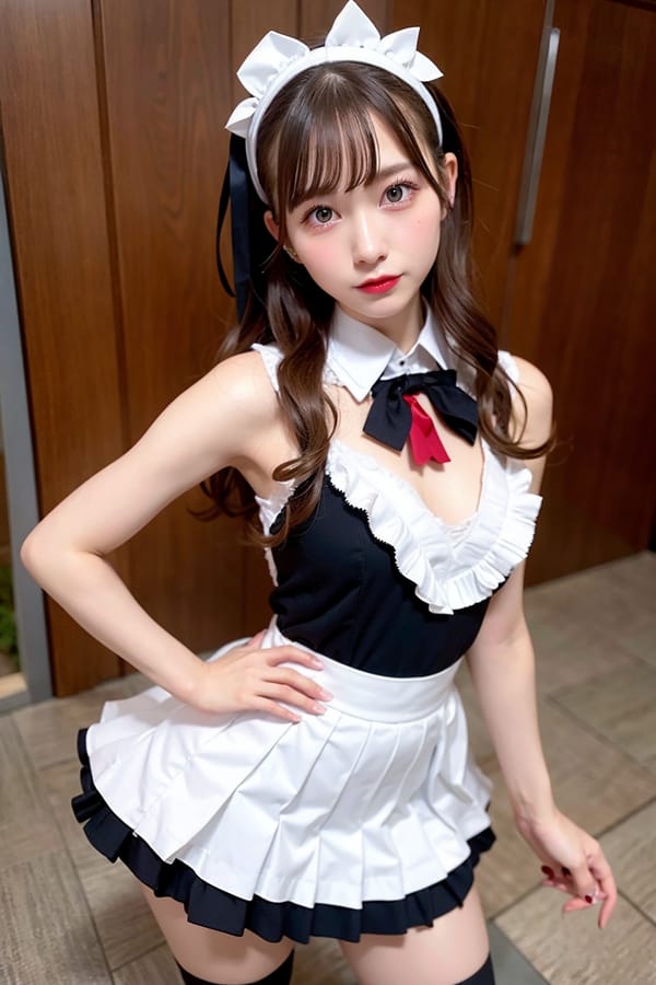 Tags: 21872187
<lora:JapaneseDollLikeness_v15:0.75>, maid cafe, stockings, (maid costume:0.98), choker, bowtie, headband, (pleated skirt:1.17), (seductive pose:1.15), extremely detailed eyes, extremely detailed face, cute, sexy lips, seductive smile, double eyelids, pale skin, full body portrait, textured skin, 4K, best quality, hyper realistic, (long slim legs:1.11), delicate and beautiful girl, 1girl, solo, (stunningly attractive:1.10)
Negative prompt: sketches, paintings, black and white, fat, (worst quality:2.11)
Steps: 32, Sampler: DPM++ 2M Karras, CFG scale: 6.9, Seed: 3099460766, Size: 512x768, Model hash: fc2511737a, Model: chilloutmix_NiPrunedFp32Fix, Seed resize from: -1x-1, Denoising strength: 0.3, Version: v1.2.1, Hires upscale: 2.0, Hires steps: 16, Hires upscaler: ESRGAN_4x