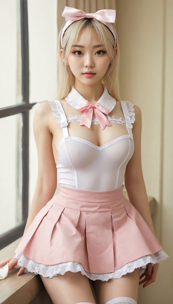 Tags: 21872187, SDXL
{"3": {"inputs": {"seed": 281510430642872, "steps": 32, "cfg": 6.23, "sampler_name": "dpmpp_2m", "scheduler": "karras", "denoise": 1.0, "model": ["27", 0], "positive": ["6", 0], "negative": ["7", 0], "latent_image": ["5", 0]}, "class_type": "KSampler"}, "4": {"inputs": {"ckpt_name": "juggernautxl.safetensors"}, "class_type": "CheckpointLoaderSimple"}, "5": {"inputs": {"width": 768, "height": 1344, "batch_size": 1}, "class_type": "EmptyLatentImage"}, "6": {"inputs": {"text": "21 year old girl, (korean:1.13), (irish:1.11), (ukrainian:0.96), (slim:1.03), (temptress:1.08), (sexy lips:1.10), (double eyelids:1.07), (blush:1.14), (beautiful eyes:1.13), (eyelashes:1.08), (seductive pose:0.98), (seductive facial expression:1.00), (cute:1.11), (pale skin:1.13), (idol:1.00), (detailed face:1.07), (perky ass:1.06), (exposed ass:0.95), (looking back:1.09), (sexy ass:1.02), (thigh gap:1.01), in a (skimpy maid costume:1.00) working at a maid cafe, choker, bowtie, headband, pleated skirt, (textured skin:1.08), (portra:1.09), (skin fuzz:1.04), (RAW:1.06), (natural looking skin:1.07), (detailed skin:1.09), (soft lighting:1.01), (candid cinema:1.08), (film:1.00)", "clip": ["27", 1]}, "class_type": "CLIPTextEncode"}, "7": {"inputs": {"text": "(worst quality:1.07), (low resolution:1.12), (watermark:1.13), (open mouth:1.07), (twisted:1.08), (distorted:1.10), (bad hands:1.10)", "clip": ["27", 1]}, "class_type": "CLIPTextEncode"}, "8": {"inputs": {"samples": ["3", 0], "vae": ["4", 2]}, "class_type": "VAEDecode"}, "25": {"inputs": {"lora_name": "nudify_xl.safetensors", "strength_model": 0.14, "strength_clip": 0.04, "model": ["4", 0], "clip": ["4", 1]}, "class_type": "LoraLoader"}, "26": {"inputs": {"lora_name": "shirtlift_SDXL_v2.safetensors", "strength_model": 0.08, "strength_clip": 0.19, "model": ["25", 0], "clip": ["25", 1]}, "class_type": "LoraLoader"}, "27": {"inputs": {"lora_name": "PerfectEyesXL.safetensors", "strength_model": 0.13, "strength_clip": 0.16, "model": ["26", 0], "clip": ["26", 1]}, "class_type": "LoraLoader"}, "30": {"inputs": {"model_name": "4x_NMKD-Superscale-SP_178000_G.pth"}, "class_type": "UpscaleModelLoader"}, "31": {"inputs": {"upscale_model": ["30", 0], "image": ["8", 0]}, "class_type": "ImageUpscaleWithModel"}, "32": {"inputs": {"upscale_method": "lanczos", "scale_by": 0.5, "image": ["31", 0]}, "class_type": "ImageScaleBy"}, "33": {"inputs": {"pixels": ["32", 0], "vae": ["4", 2]}, "class_type": "VAEEncode"}, "34": {"inputs": {"seed": 281510430642872, "steps": 32, "cfg": 6.23, "sampler_name": "dpmpp_2m", "scheduler": "karras", "denoise": 0.3, "model": ["27", 0], "positive": ["6", 0], "negative": ["7", 0], "latent_image": ["33", 0]}, "class_type": "KSampler"}, "36": {"inputs": {"samples": ["34", 0], "vae": ["4", 2]}, "class_type": "VAEDecode"}, "39": {"inputs": {"filename_prefix": "comfyapi-1714573702741", "images": ["36", 0]}, "class_type": "SaveImage"}}